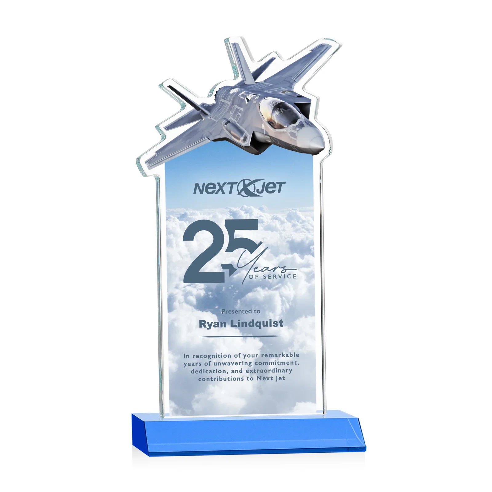 Customized Starfire Crystal Jet Award With Deep-Etched Silhouette and Print for employee recognition