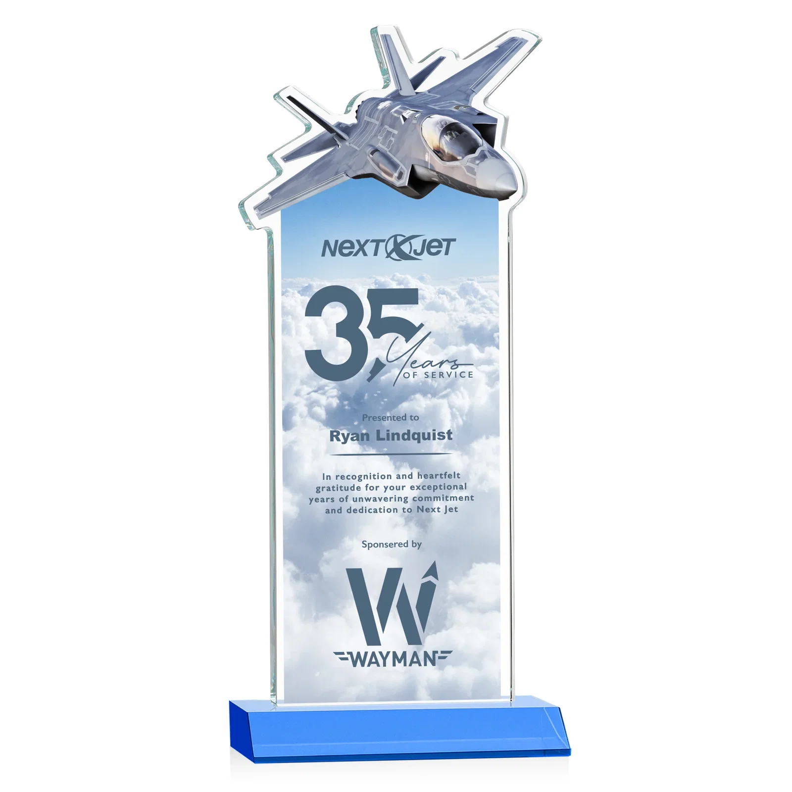Customized Starfire Crystal Jet Award With Deep-Etched Silhouette and Print for corporate award ceremonies