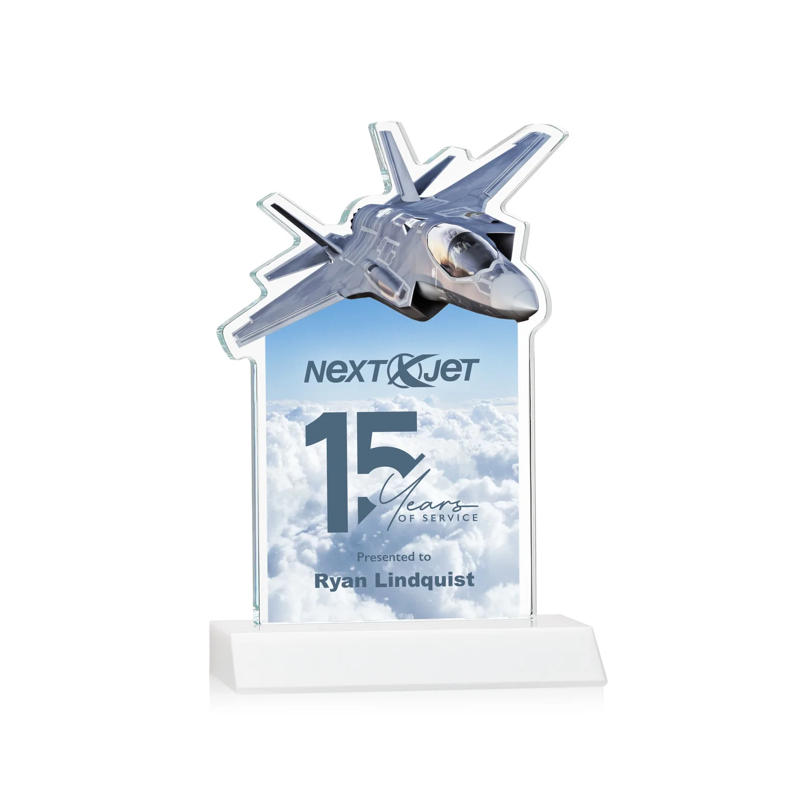 Customized Starfire Crystal Jet Award With Deep-Etched Silhouette and Print for sales achievement awards