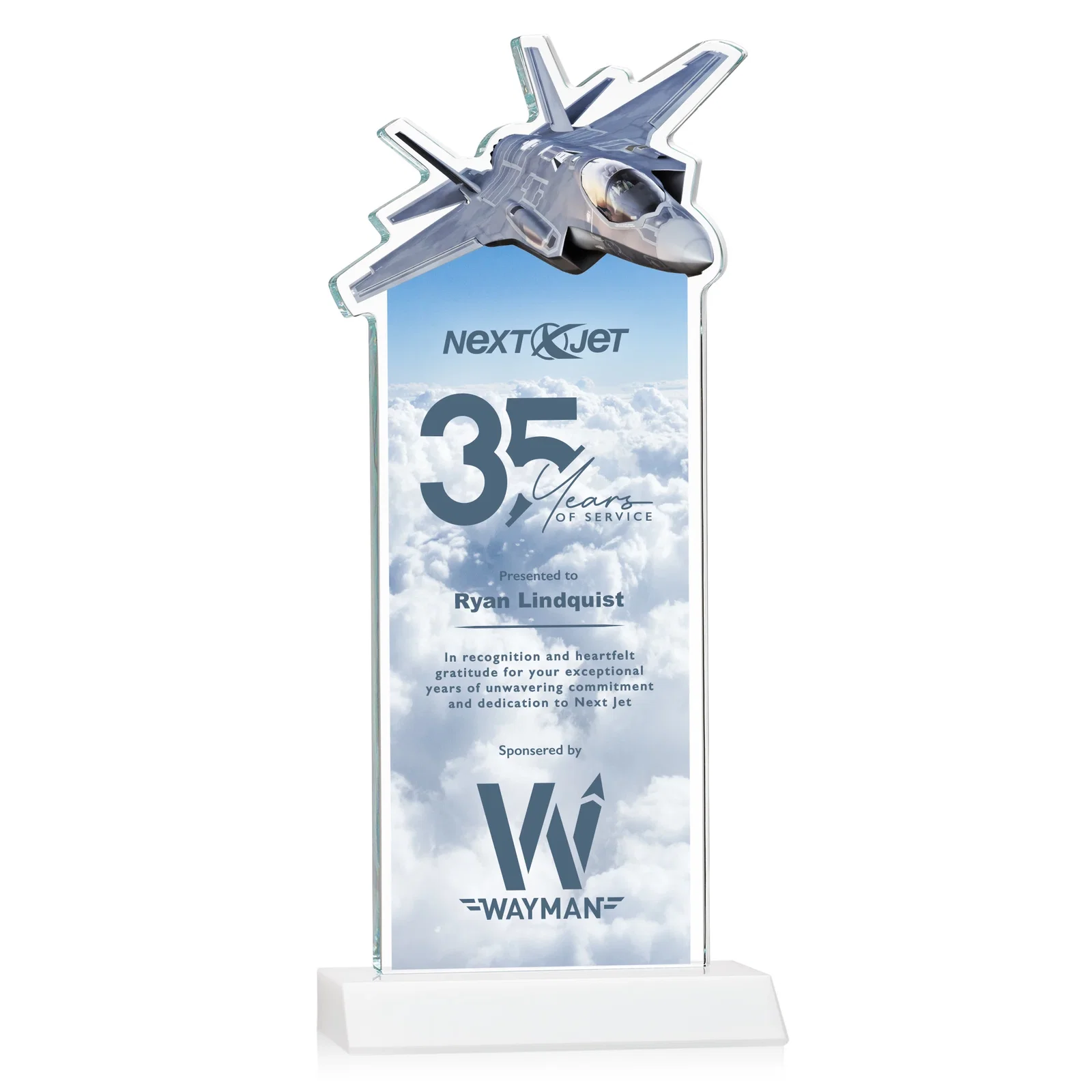 Customized Starfire Crystal Jet Award With Deep-Etched Silhouette and Print for team milestone celebrations