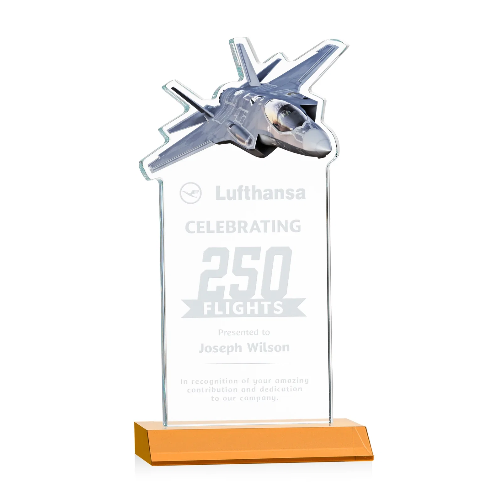 Custom Starfire Crystal Jet Award With Deep-Etched Silhouette and Print for graduation ceremonies