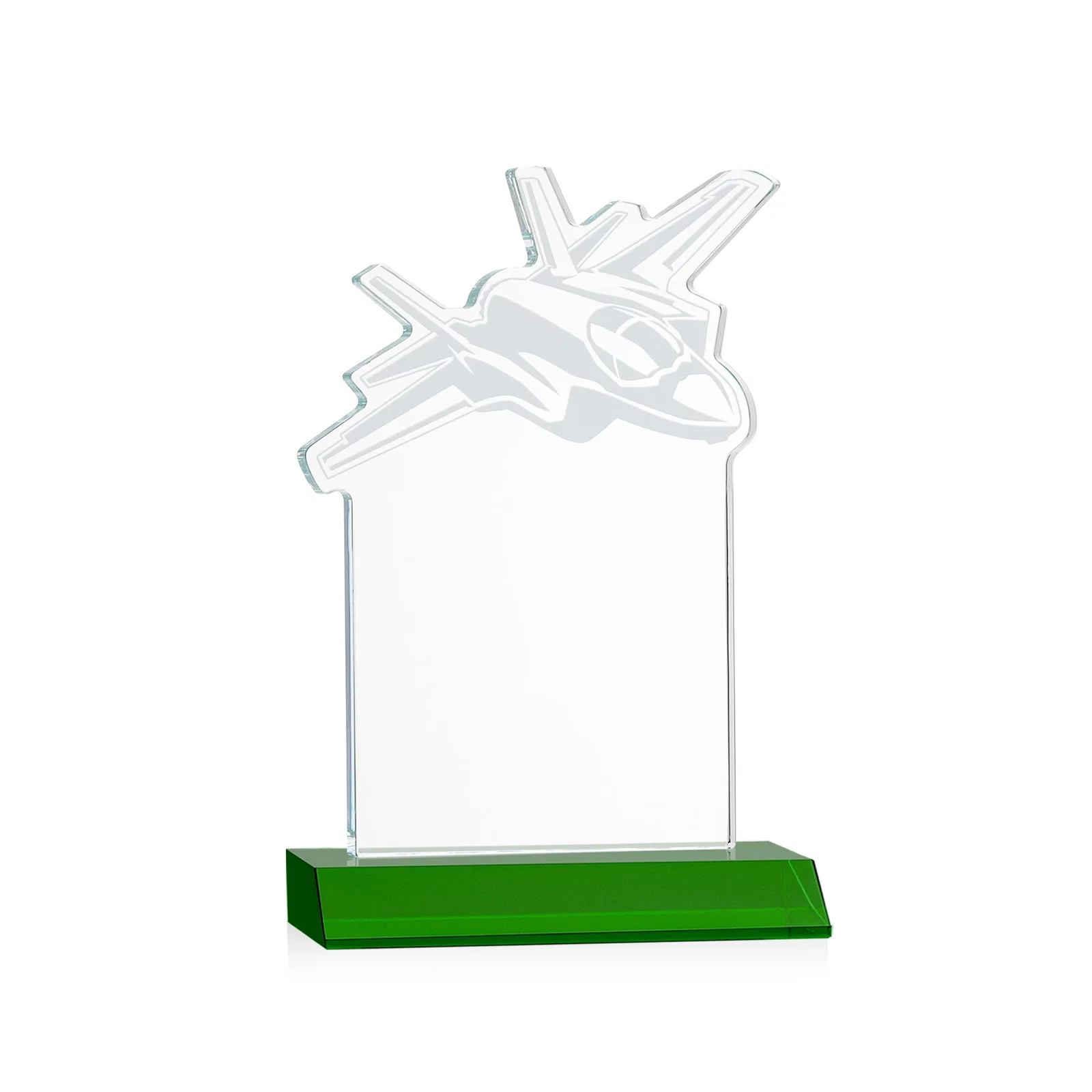 Custom engraved Starfire Crystal Jet Award With Deep-Etched Silhouette and Print for employee recognition