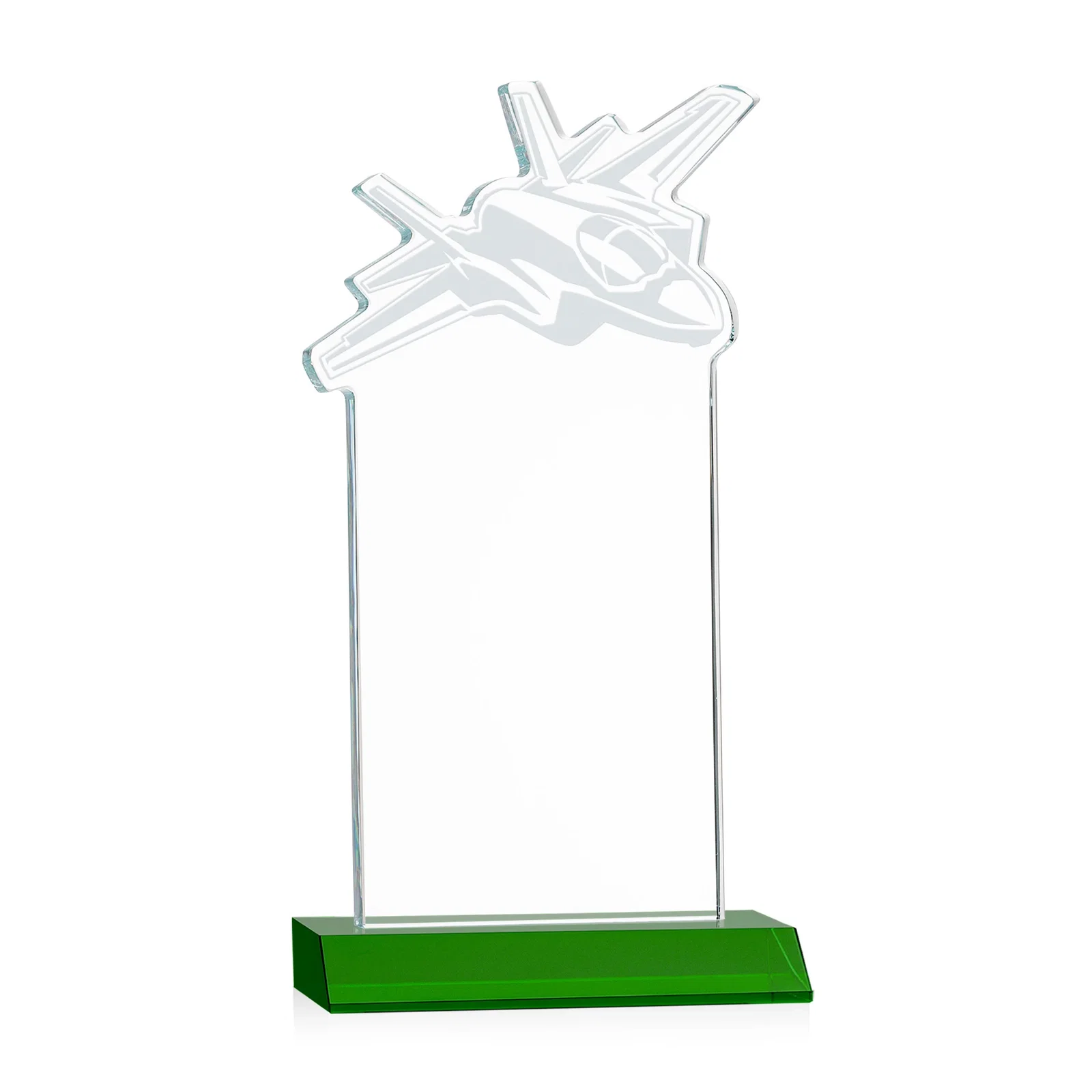 Custom engraved Starfire Crystal Jet Award With Deep-Etched Silhouette and Print for corporate award ceremonies