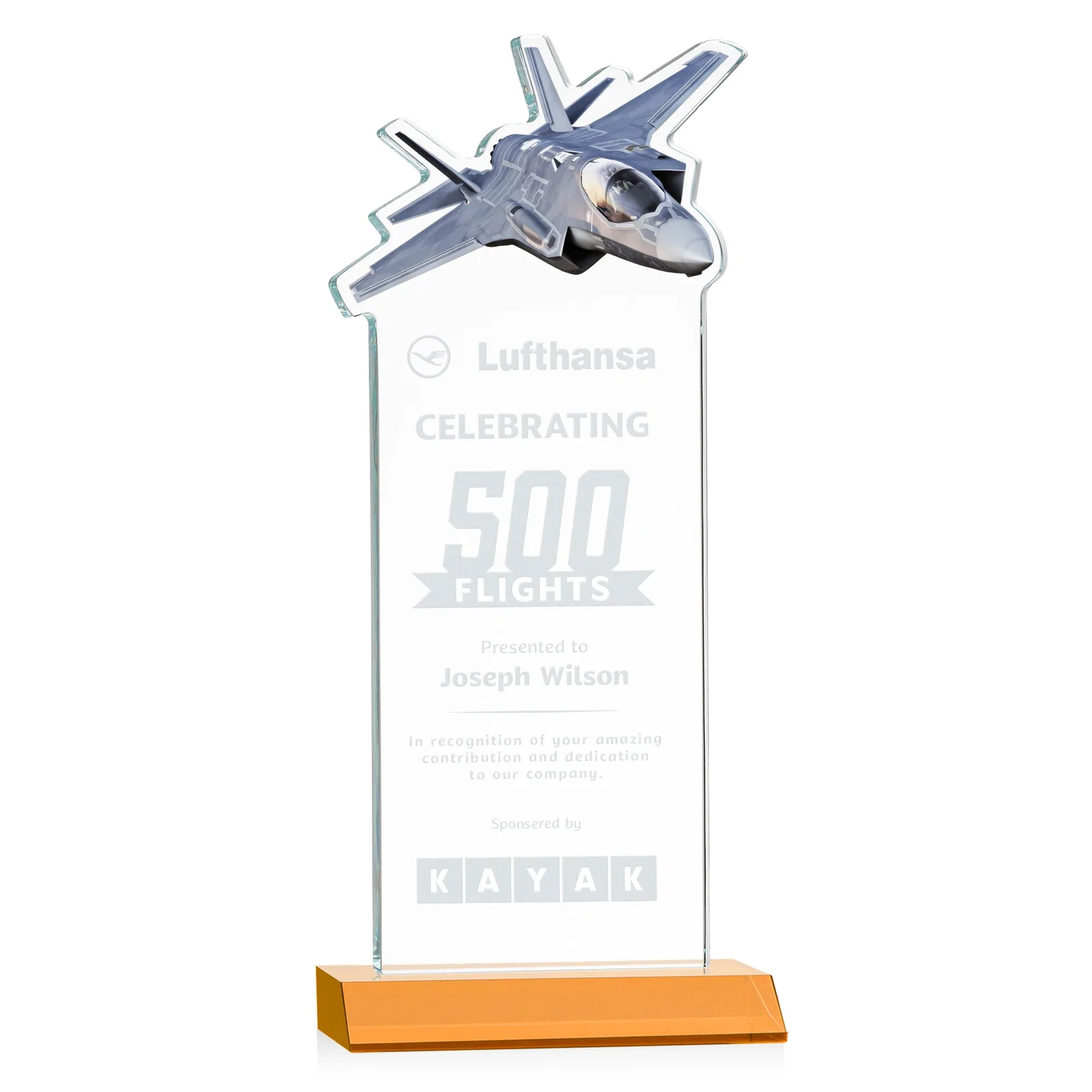Custom Starfire Crystal Jet Award With Deep-Etched Silhouette and Print for safety achievement programs