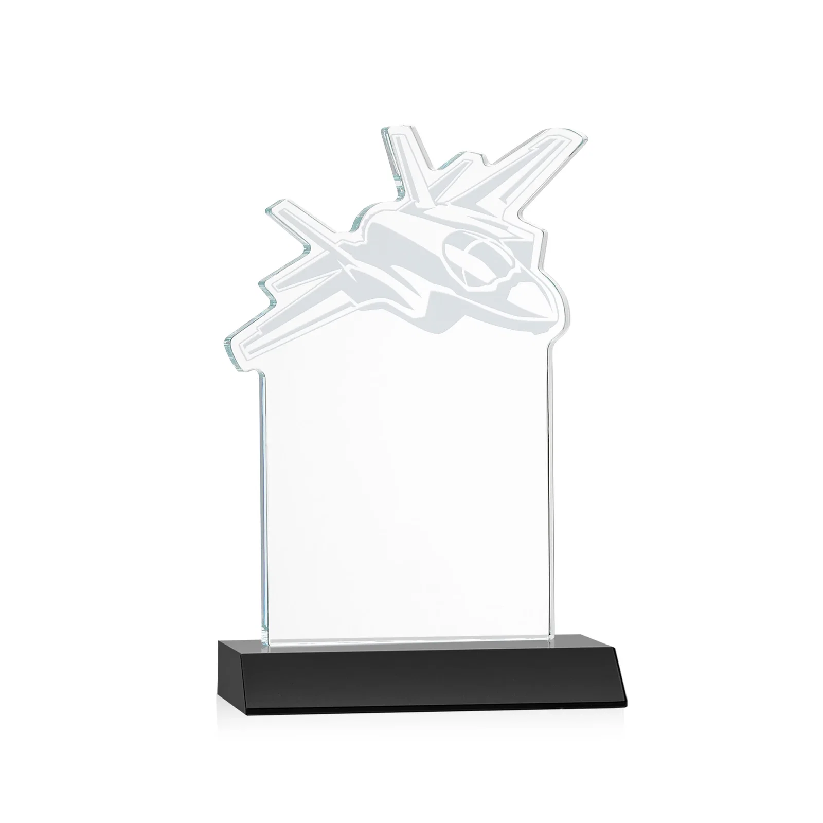 Custom engraved Starfire Crystal Jet Award With Deep-Etched Silhouette and Print for sales achievement awards