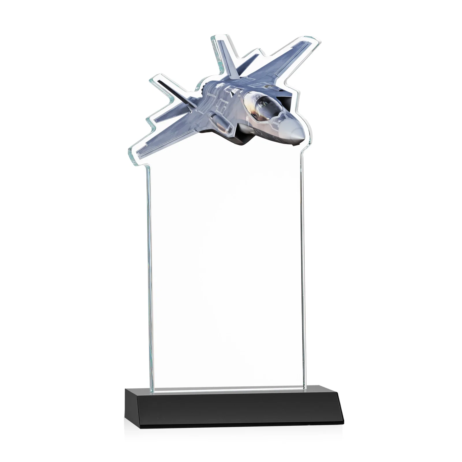 Custom engraved Starfire Crystal Jet Award With Deep-Etched Silhouette and Print for retirement presentations