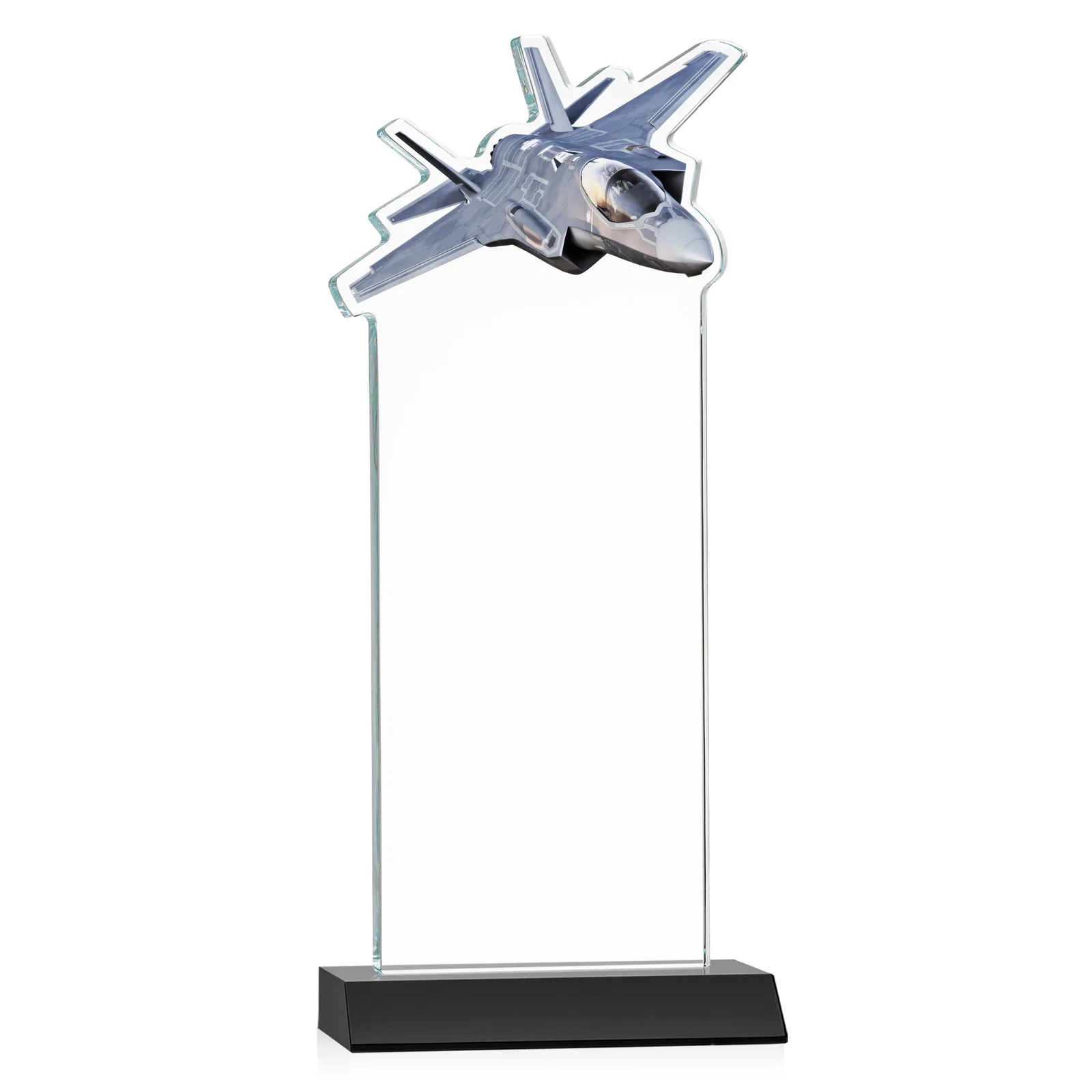 Custom engraved Starfire Crystal Jet Award With Deep-Etched Silhouette and Print for team milestone celebrations