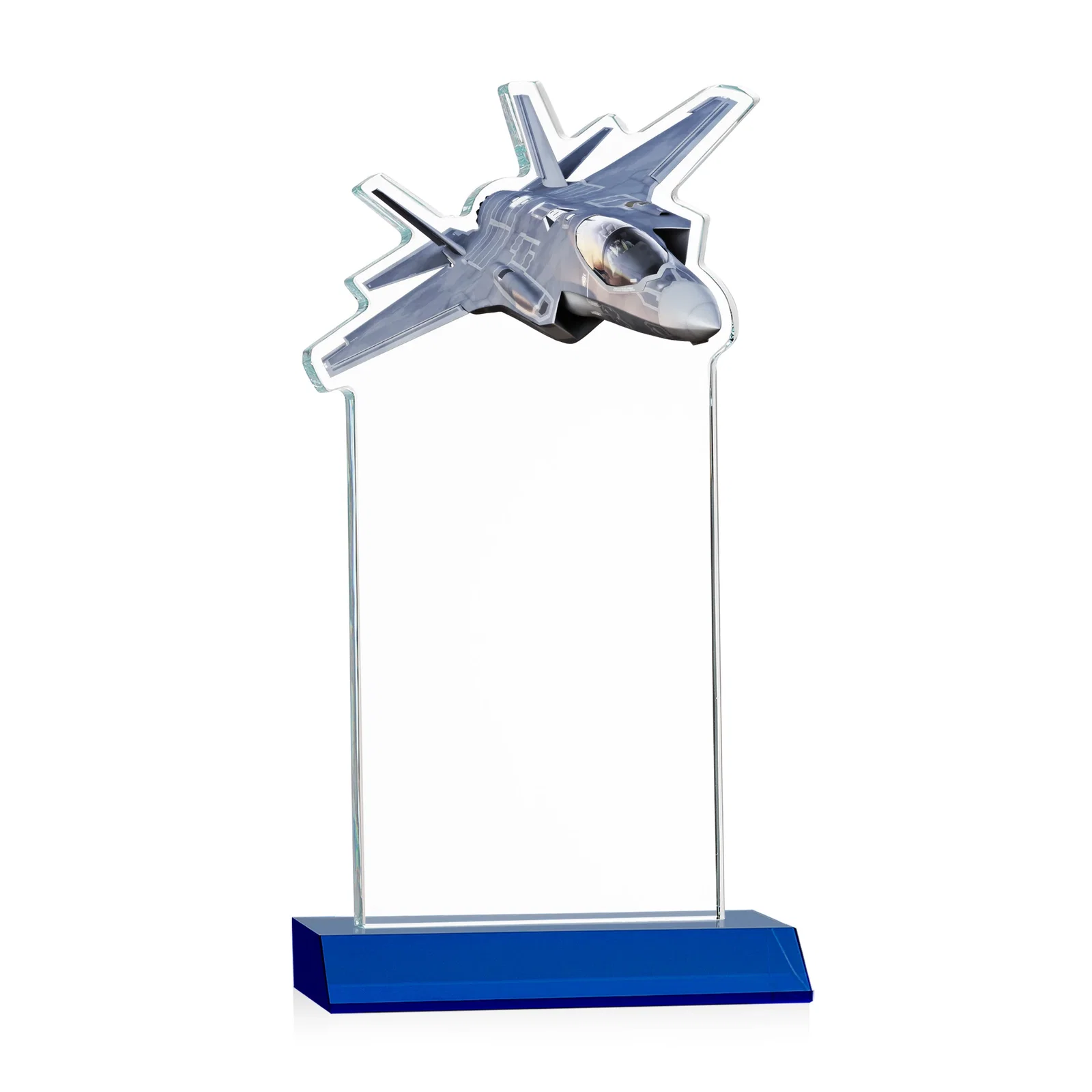 Custom engraved Starfire Crystal Jet Award With Deep-Etched Silhouette and Print for graduation ceremonies