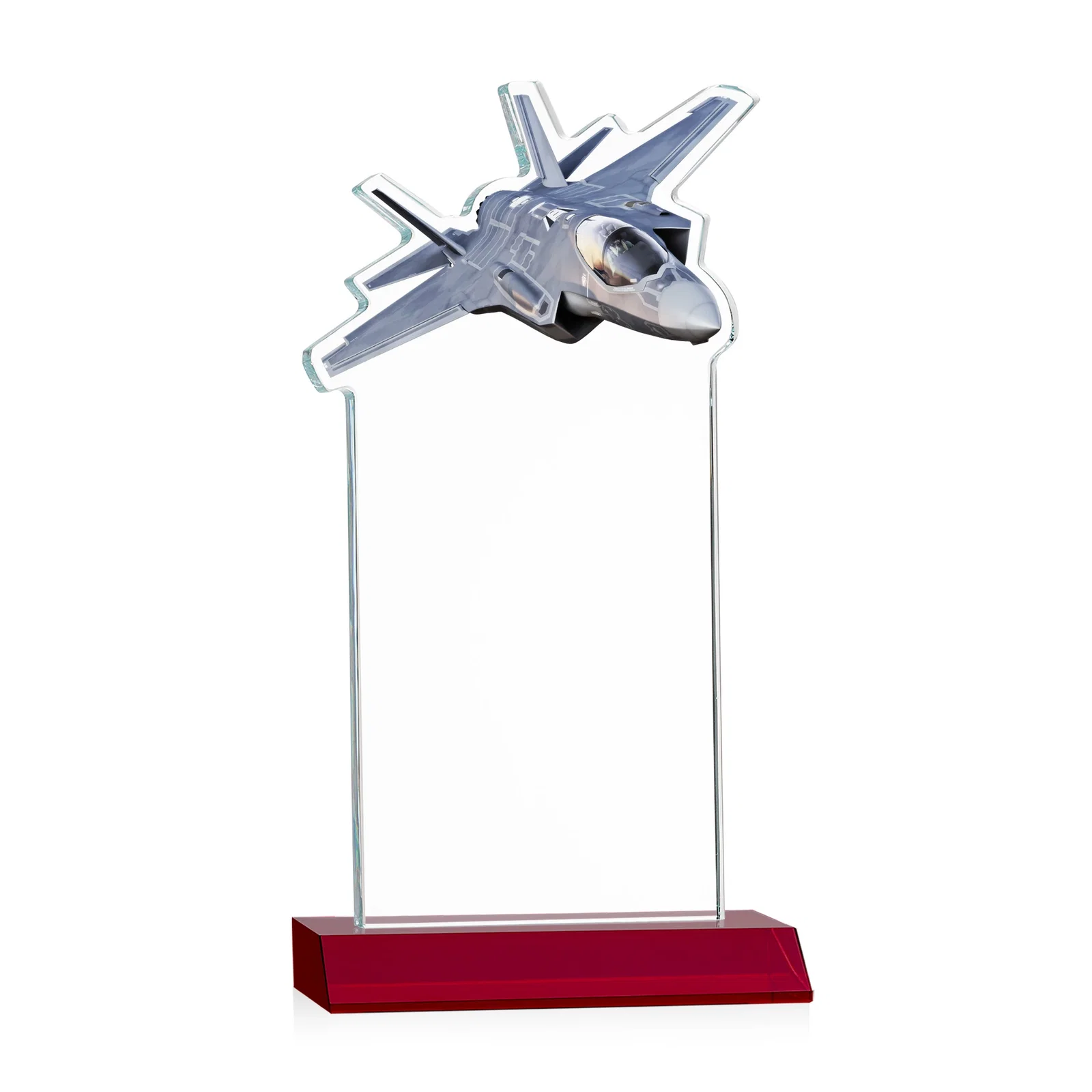 Custom engraved Starfire Crystal Jet Award With Deep-Etched Silhouette and Print for dealer and partner awards