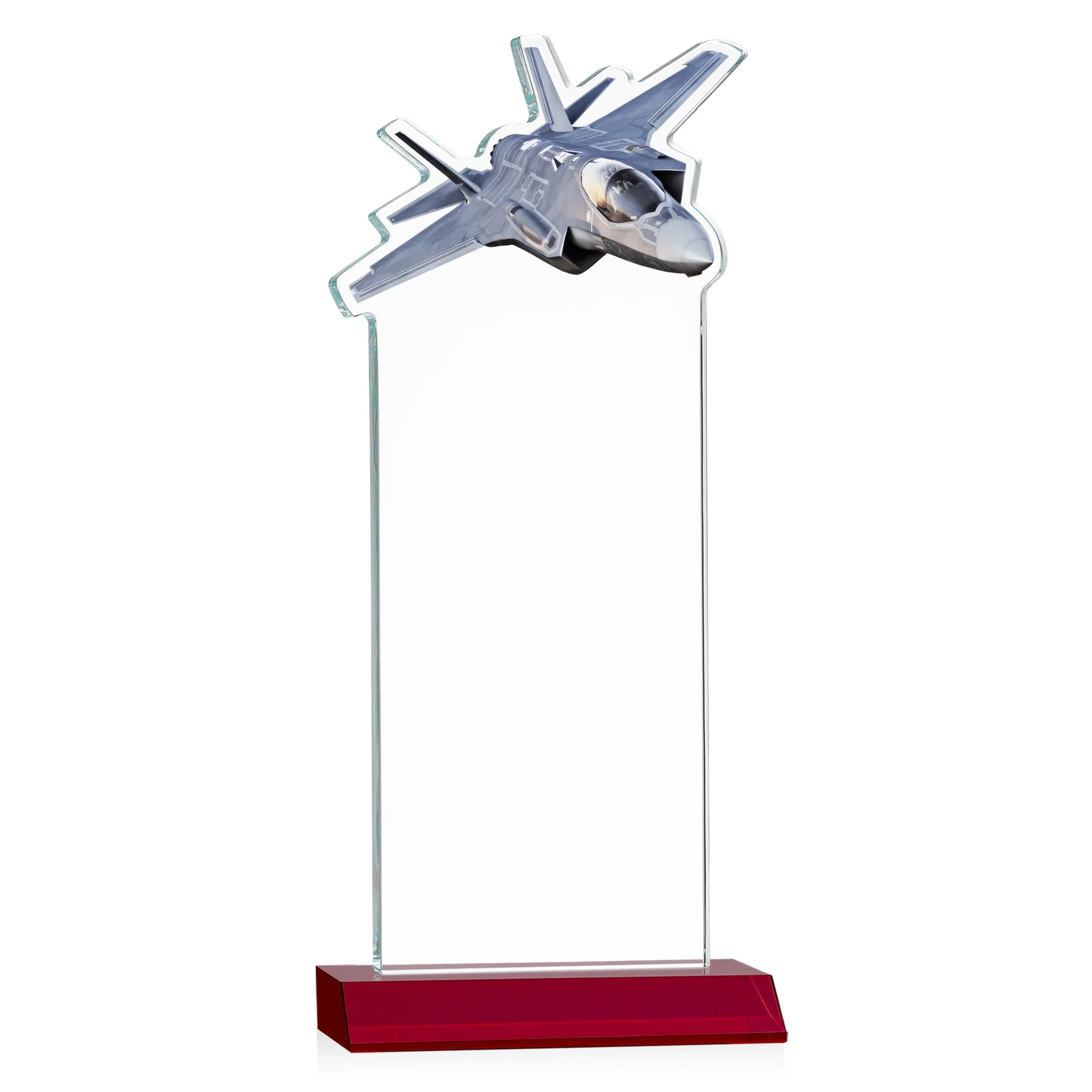 Custom engraved Starfire Crystal Jet Award With Deep-Etched Silhouette and Print for company anniversary events