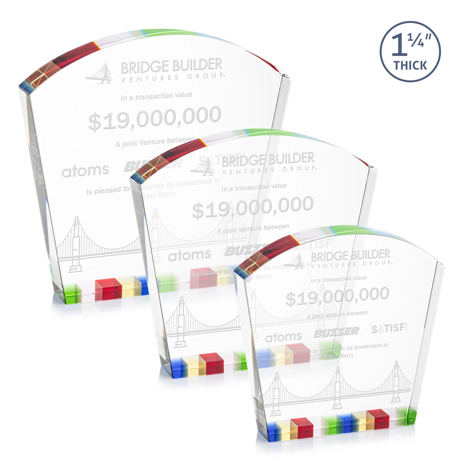 Custom Optical Crystal Curved-Top Award With Multicolor Strip Base, awards for employee recognition
