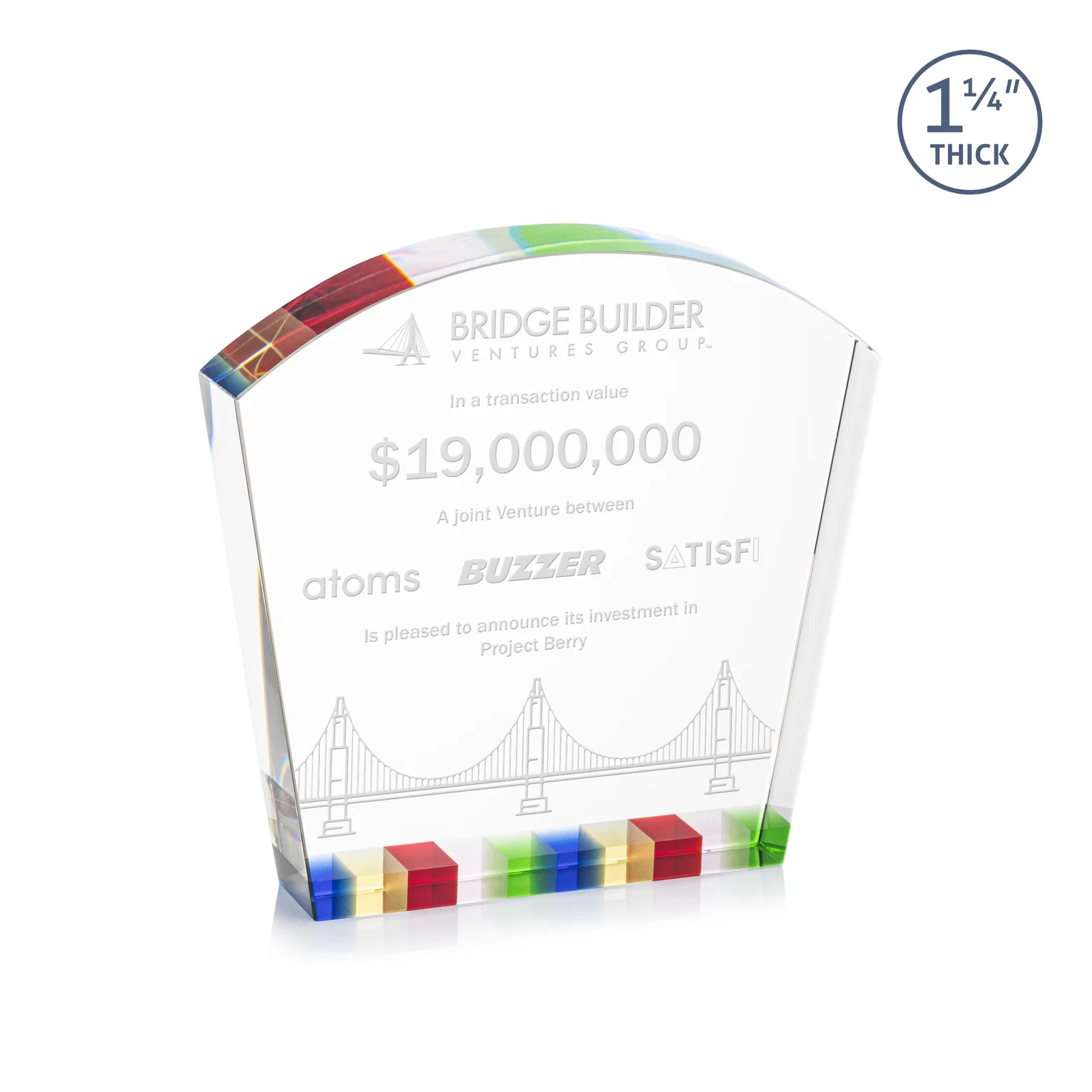 Custom Optical Crystal Curved-Top Award With Multicolor Strip Base, awards for corporate award ceremonies