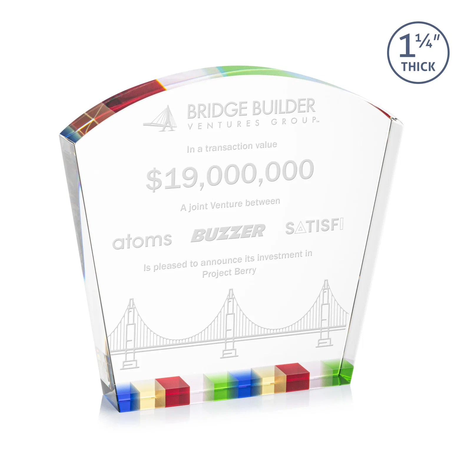 Custom Optical Crystal Curved-Top Award With Multicolor Strip Base, awards for service anniversary gifts