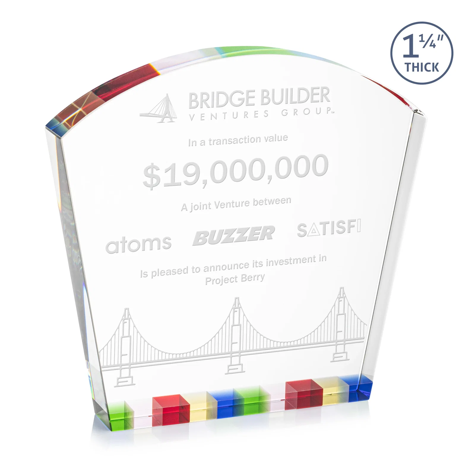 Custom Optical Crystal Curved-Top Award With Multicolor Strip Base, awards for sales achievement awards