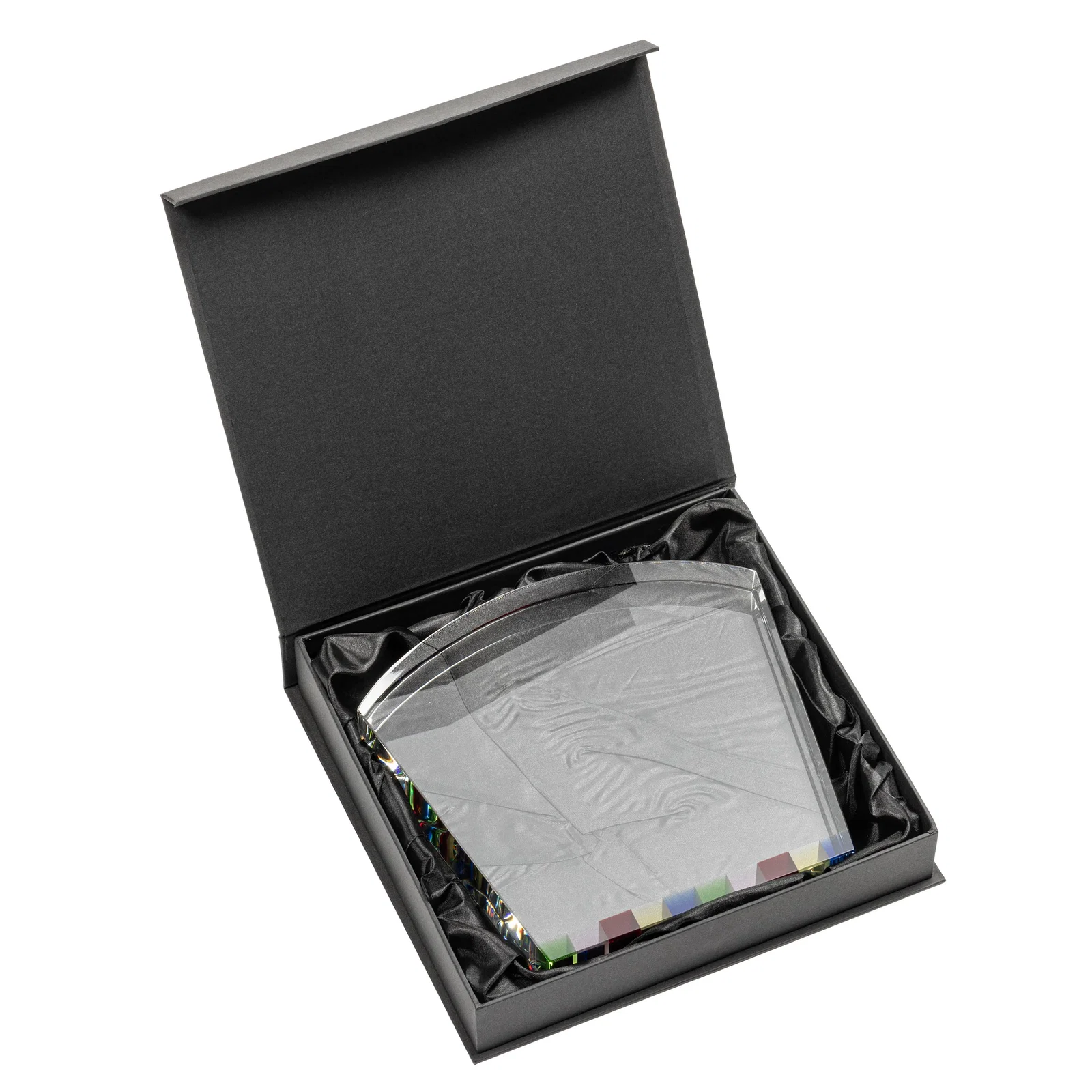Custom Optical Crystal Curved-Top Award With Multicolor Strip Base, awards for retirement presentations