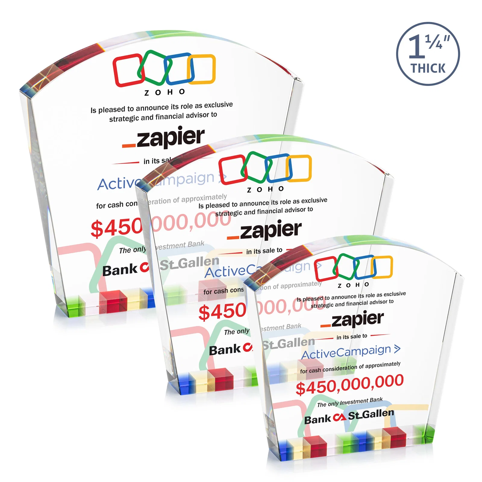 Custom Optical Crystal Curved-Top Award With Multicolor Strip Base, awards for team milestone celebrations
