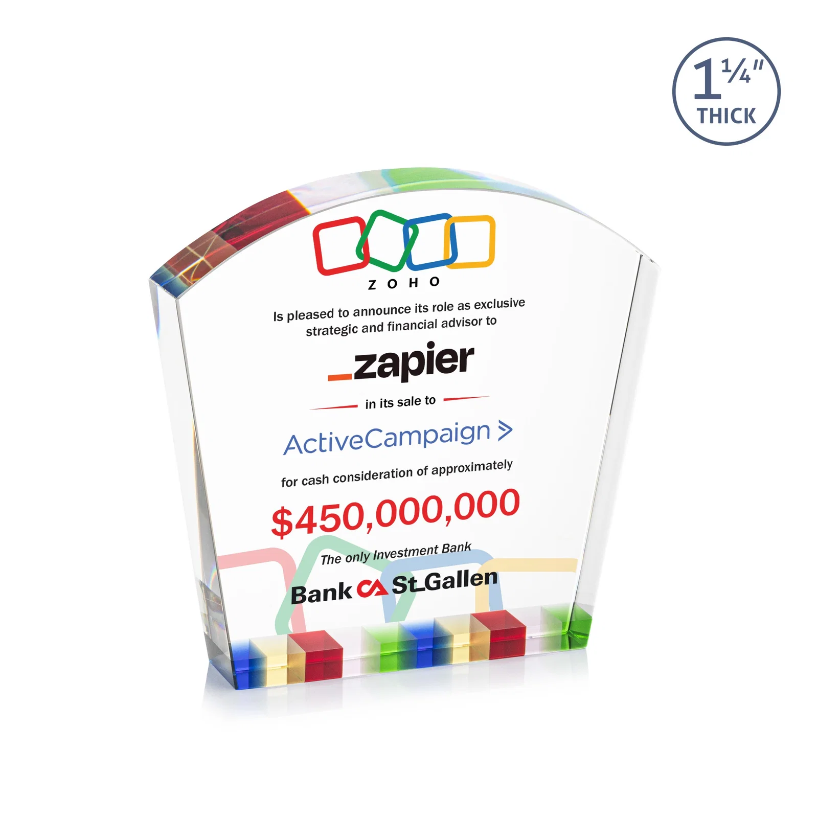 Custom Optical Crystal Curved-Top Award With Multicolor Strip Base, awards for donor appreciation