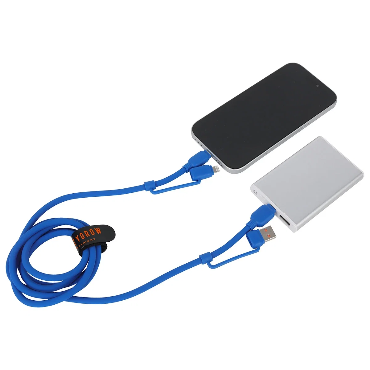 Branded Torque Flex charging cable connected to a laptop and phone, in-use shot