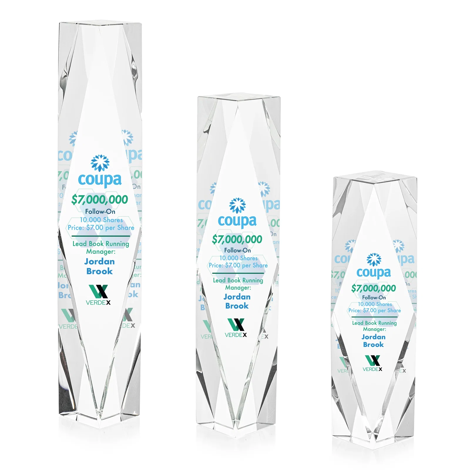Custom Optical Crystal Award With Rippled Diamond Center for retirement presentations