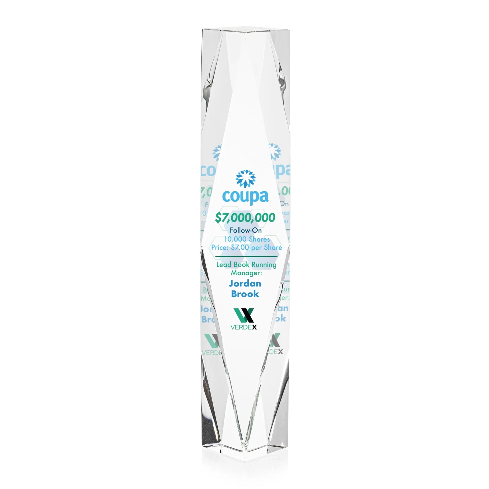Custom Optical Crystal Award With Rippled Diamond Center for graduation ceremonies