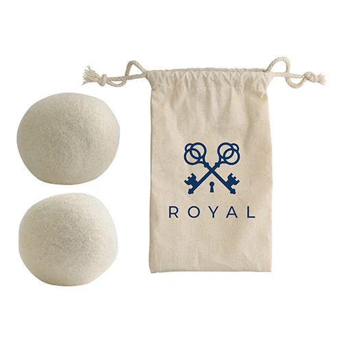 Custom branded Toss 'N Dry wool dryer balls, front view of promotional reusable laundry set