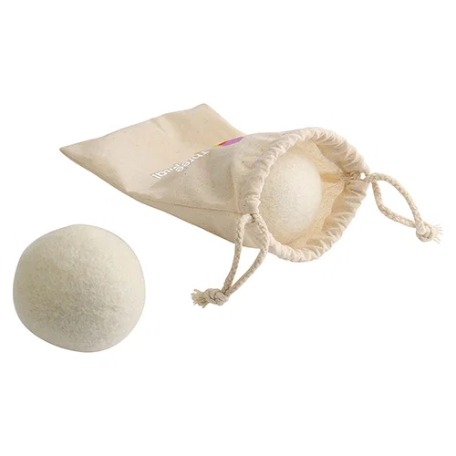 Branded Toss 'N Dry wool dryer balls in a dryer, custom promotional reusable laundry balls in use