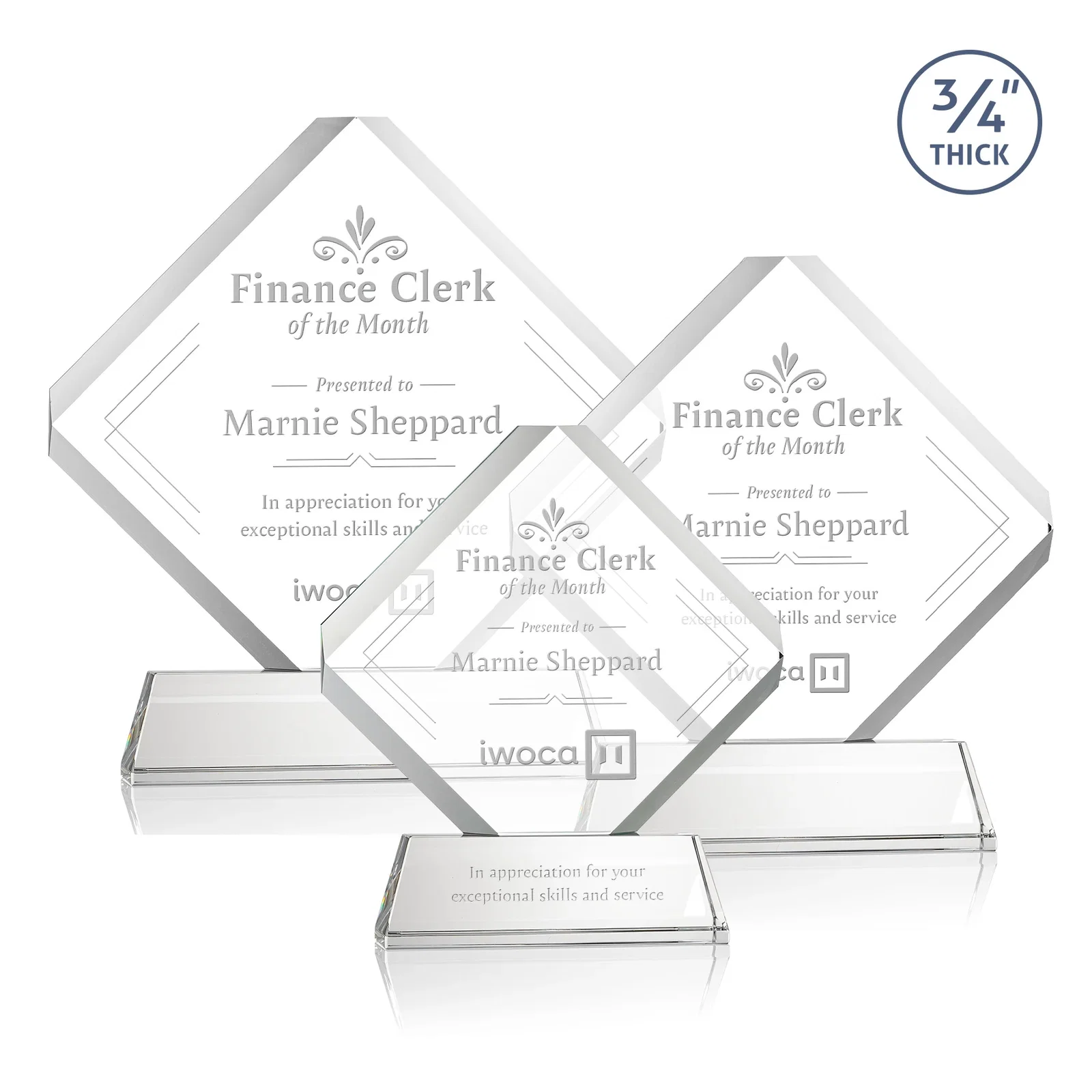 Custom Clipped-Edge Optical Crystal Diamond Award on Newhaven Base for employee recognition