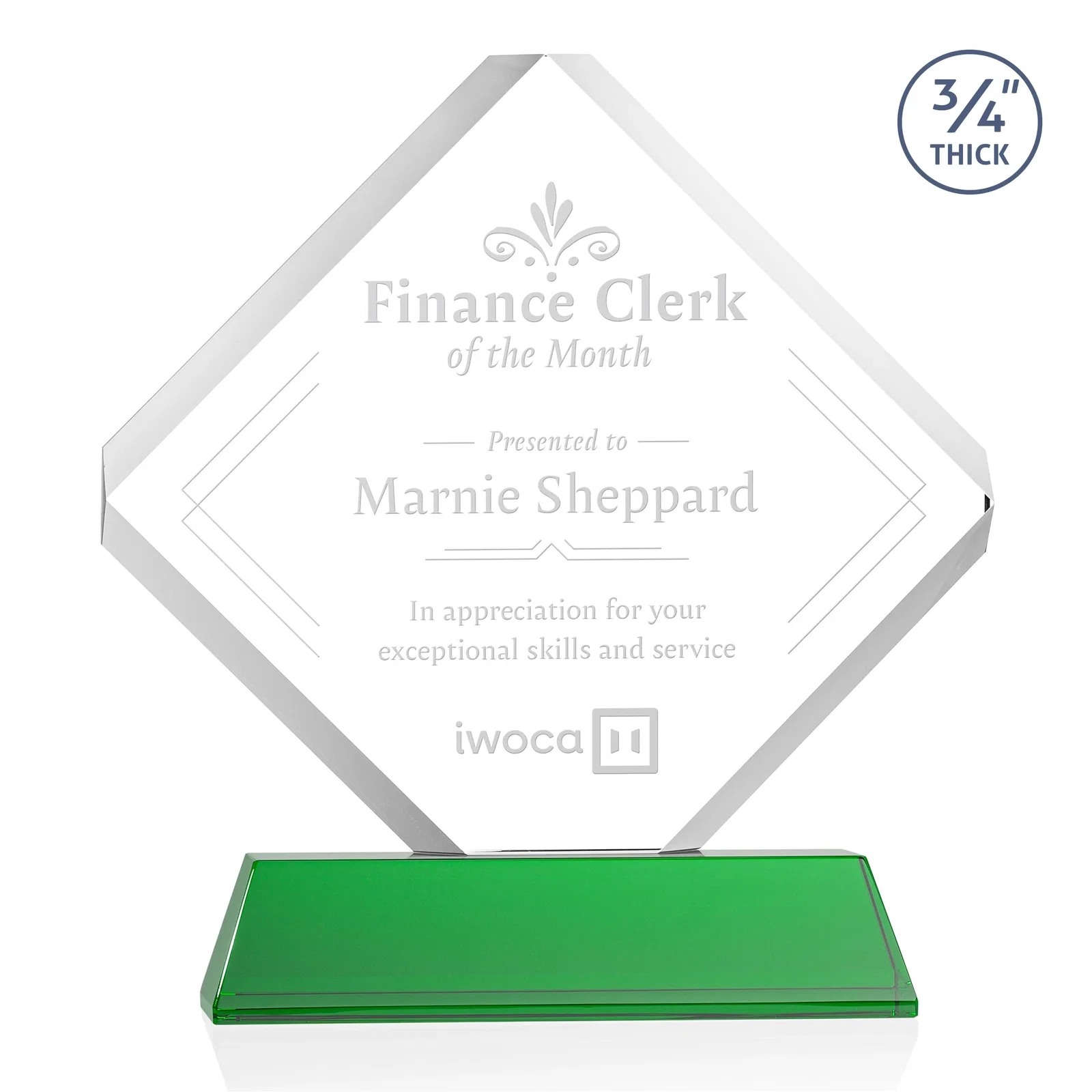 Personalized Clipped-Edge Optical Crystal Diamond Award on Newhaven Base for employee recognition