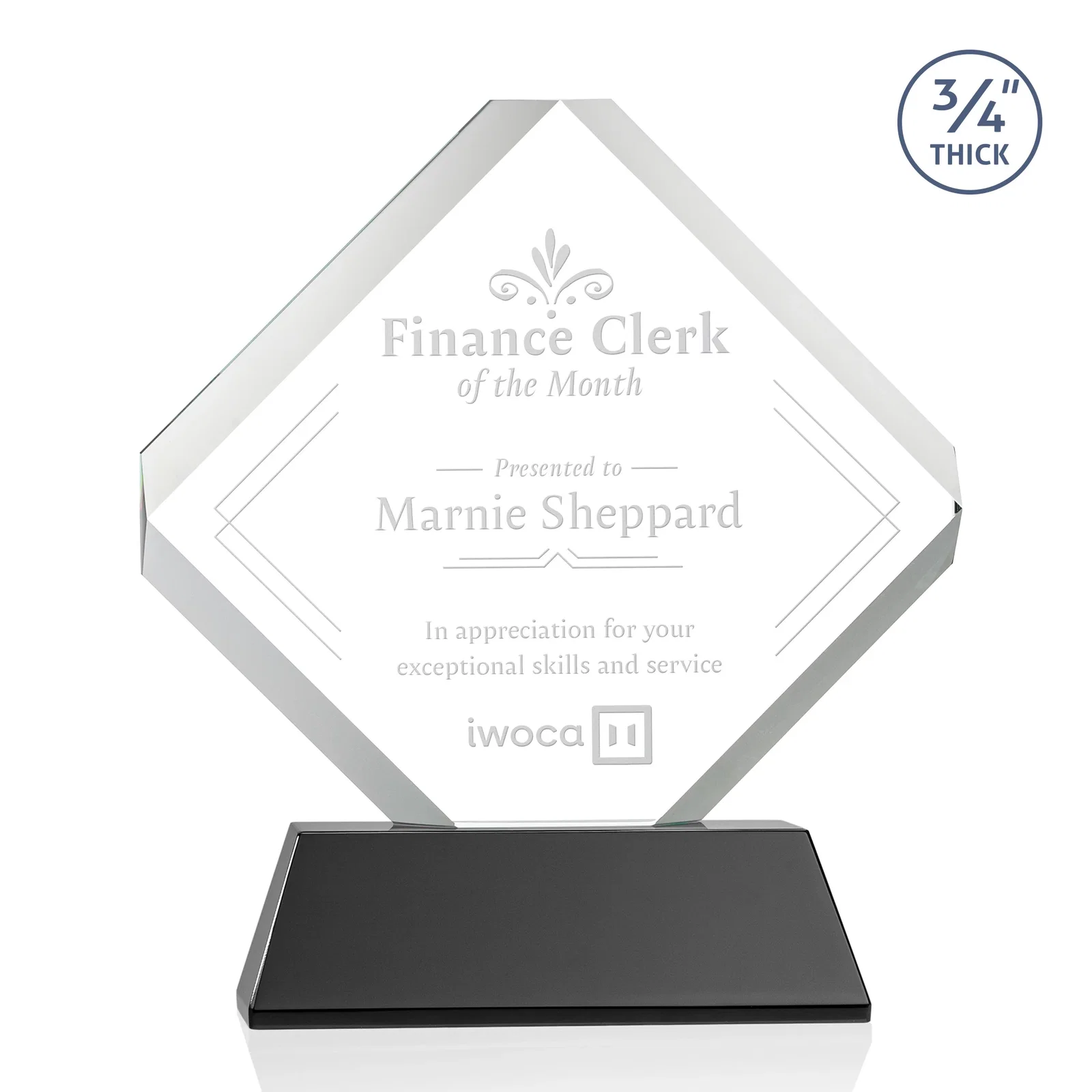 Personalized Clipped-Edge Optical Crystal Diamond Award on Newhaven Base for service anniversary gifts