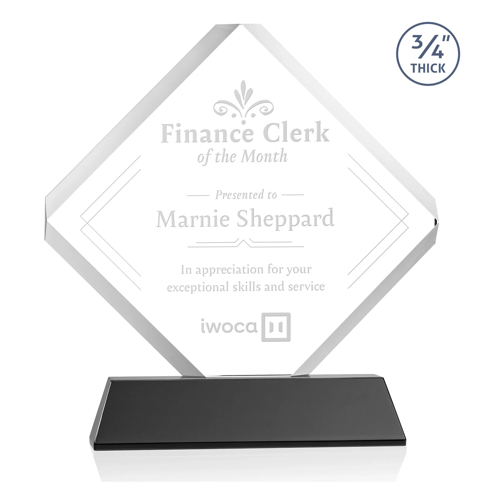 Personalized Clipped-Edge Optical Crystal Diamond Award on Newhaven Base for retirement presentations