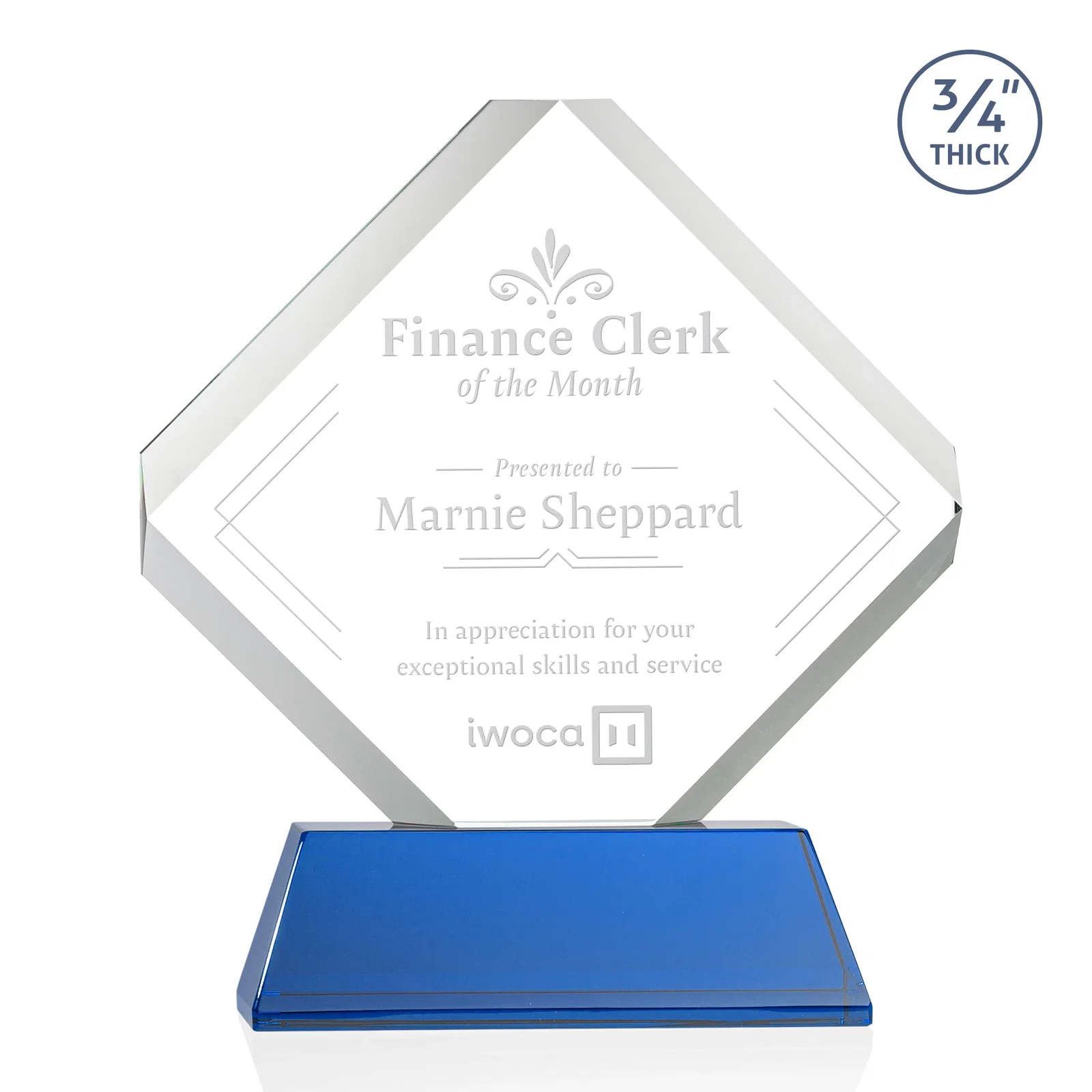 Personalized Clipped-Edge Optical Crystal Diamond Award on Newhaven Base for donor appreciation