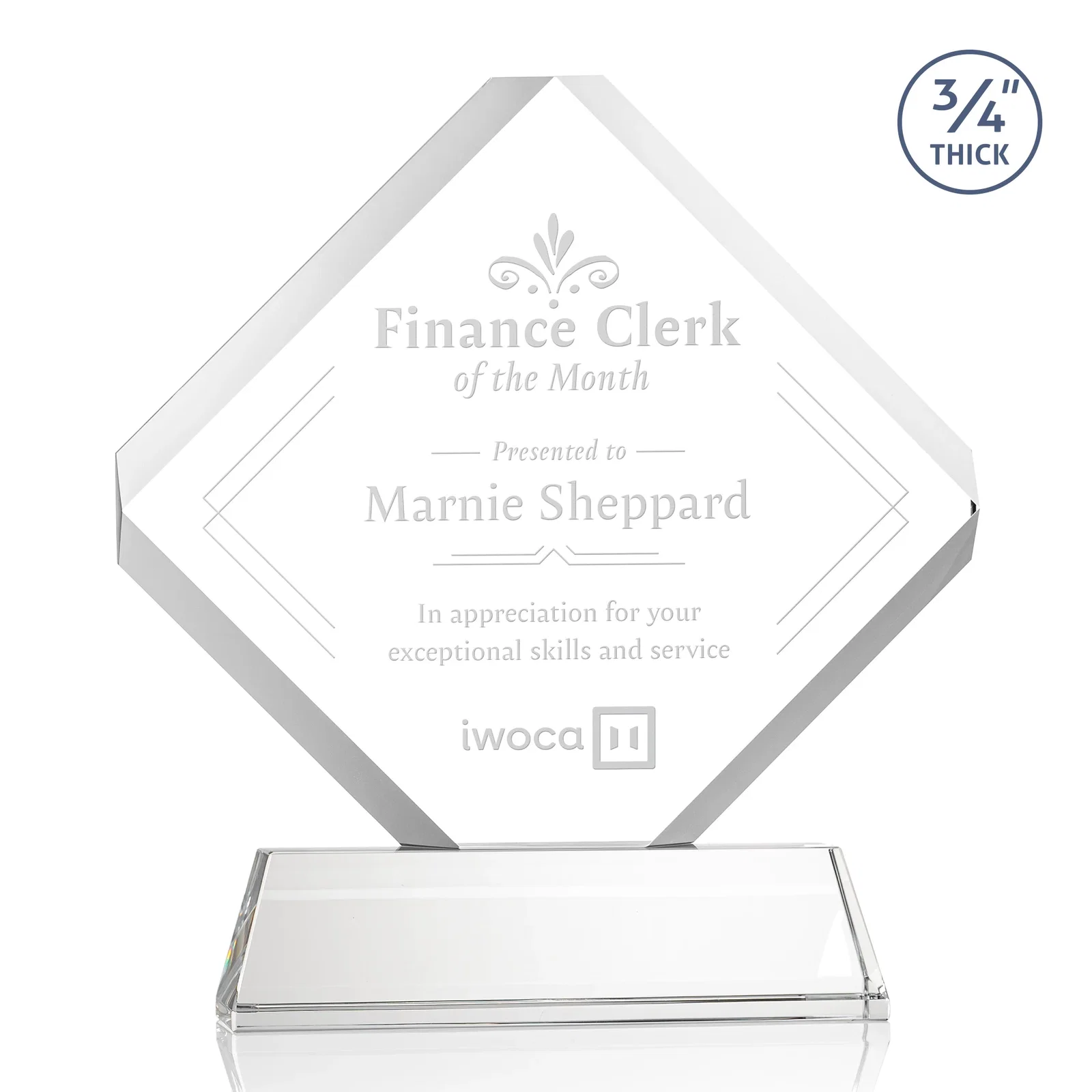 Custom Clipped-Edge Optical Crystal Diamond Award on Newhaven Base for service anniversary gifts
