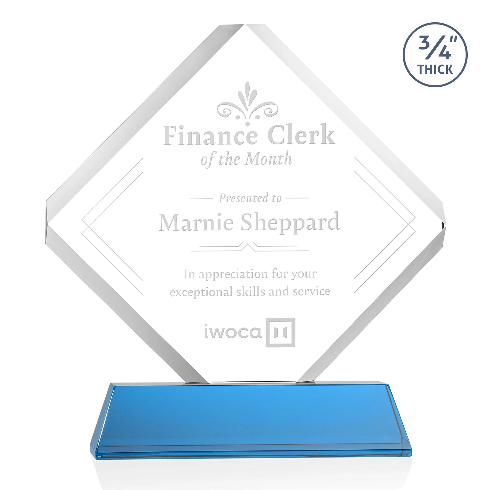 Promotional Clipped-Edge Optical Crystal Diamond Award on Newhaven Base for retirement presentations