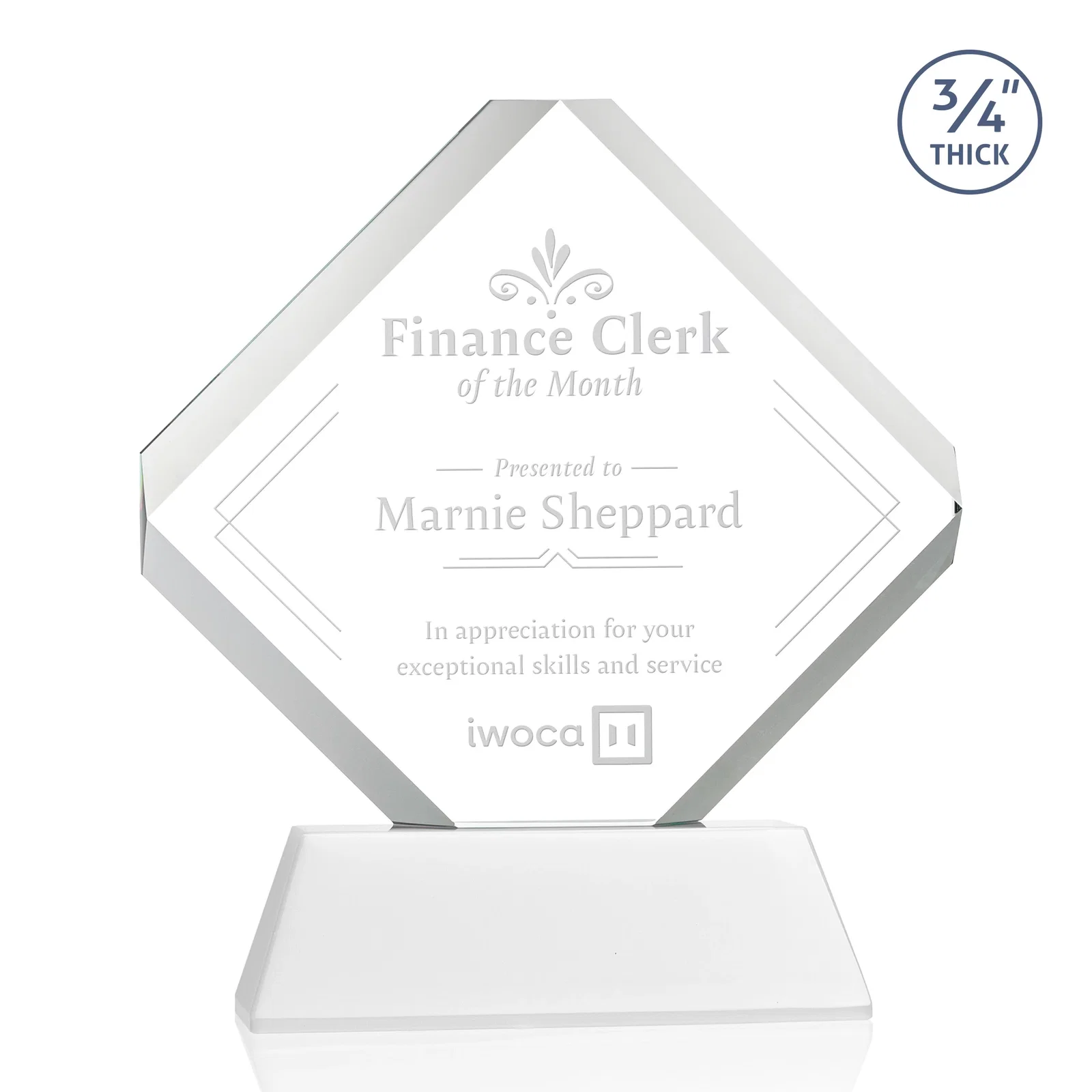 Promotional Clipped-Edge Optical Crystal Diamond Award on Newhaven Base for donor appreciation