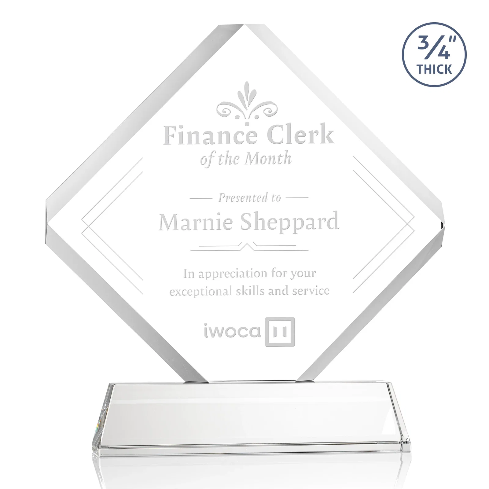 Custom Clipped-Edge Optical Crystal Diamond Award on Newhaven Base for sales achievement awards
