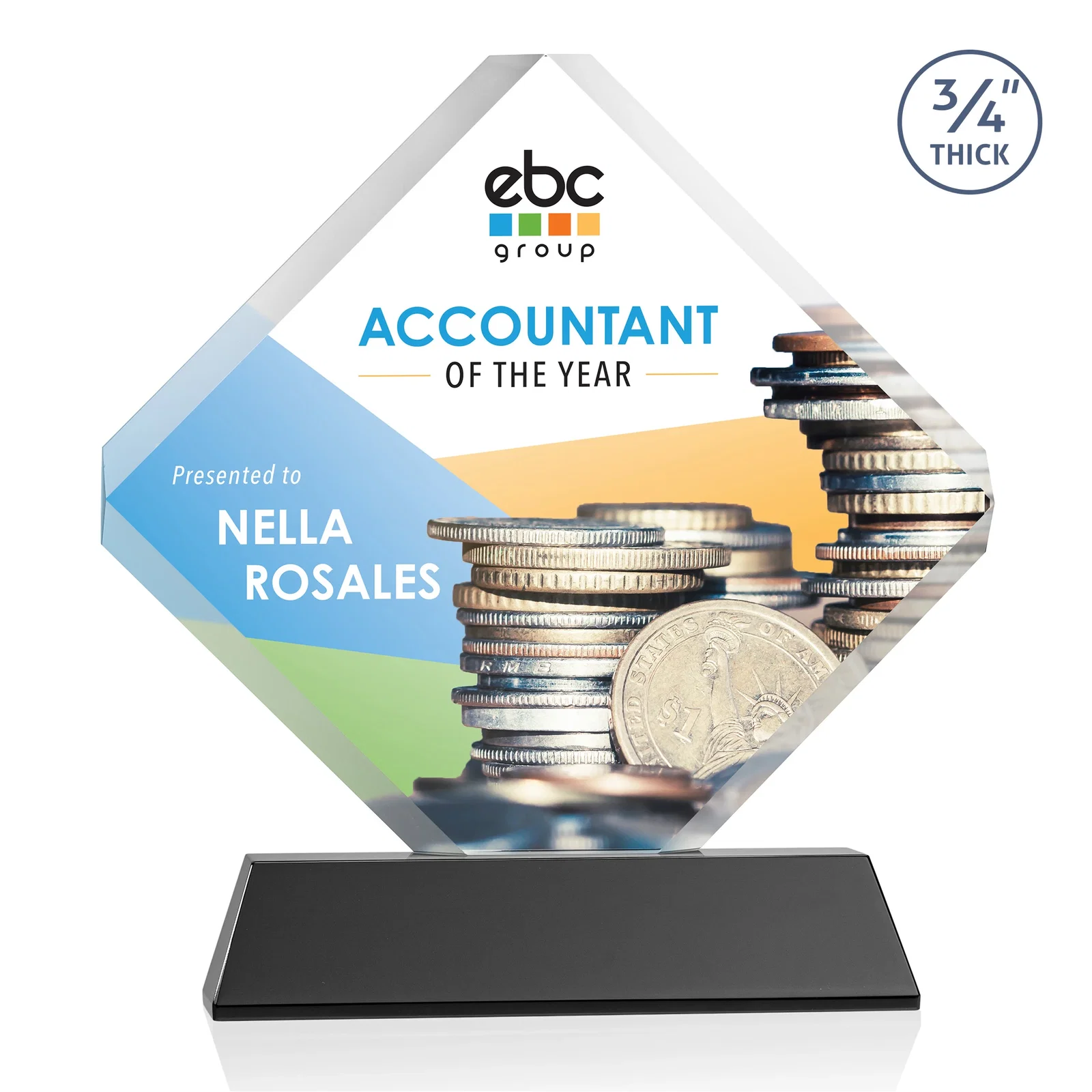 Custom printed Clipped-Edge Optical Crystal Diamond Award on Newhaven Base for employee recognition