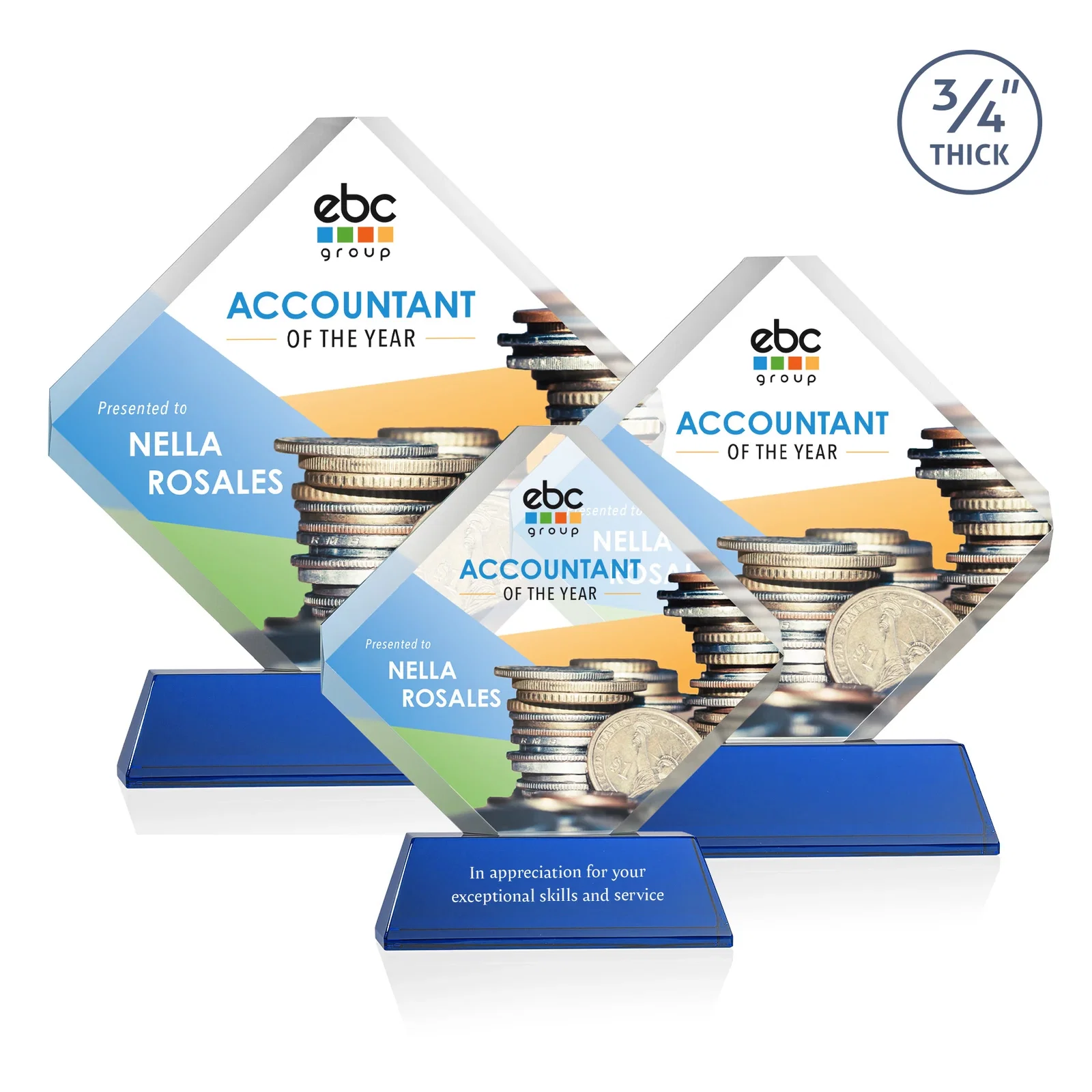 Custom printed Clipped-Edge Optical Crystal Diamond Award on Newhaven Base for corporate award ceremonies