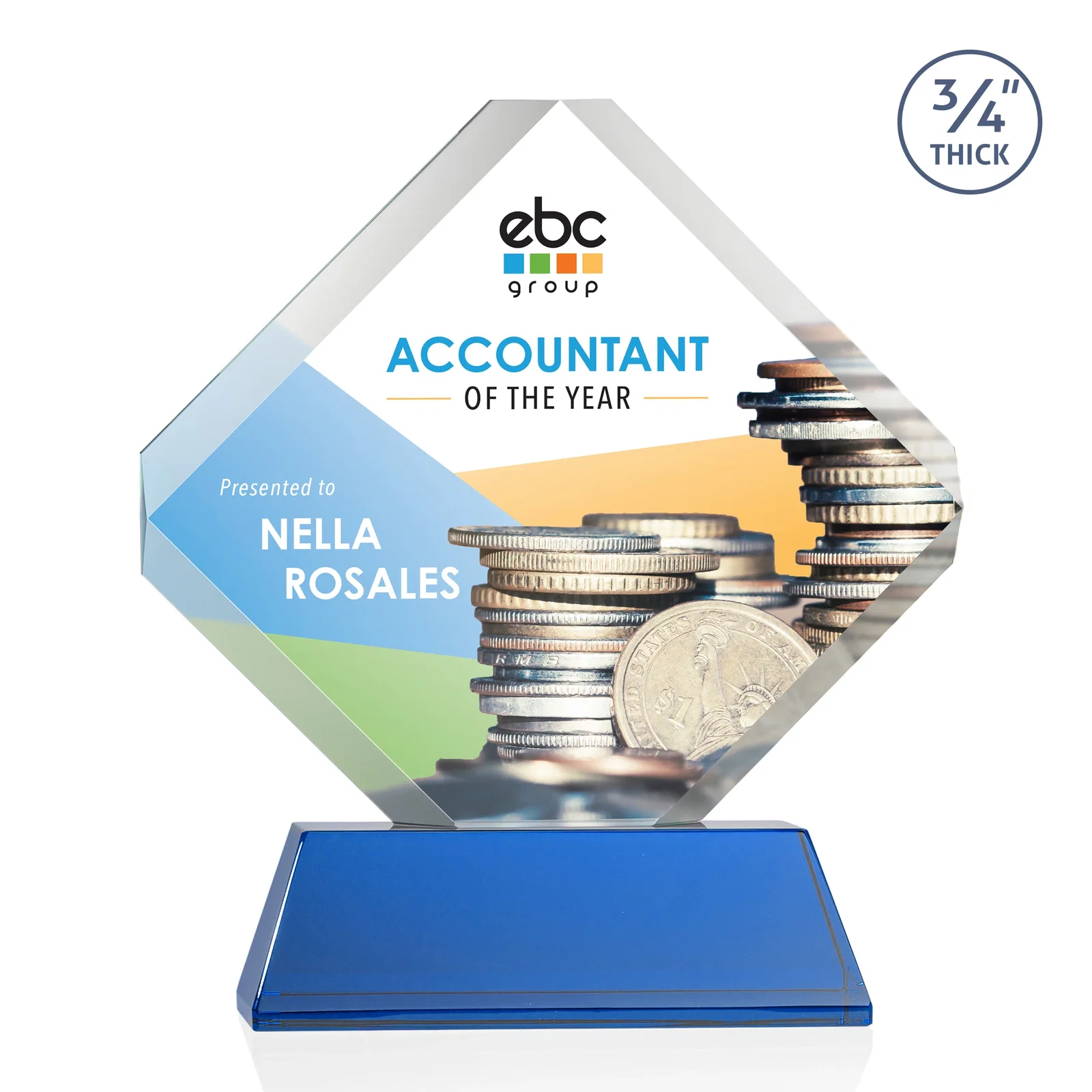 Custom printed Clipped-Edge Optical Crystal Diamond Award on Newhaven Base for service anniversary gifts