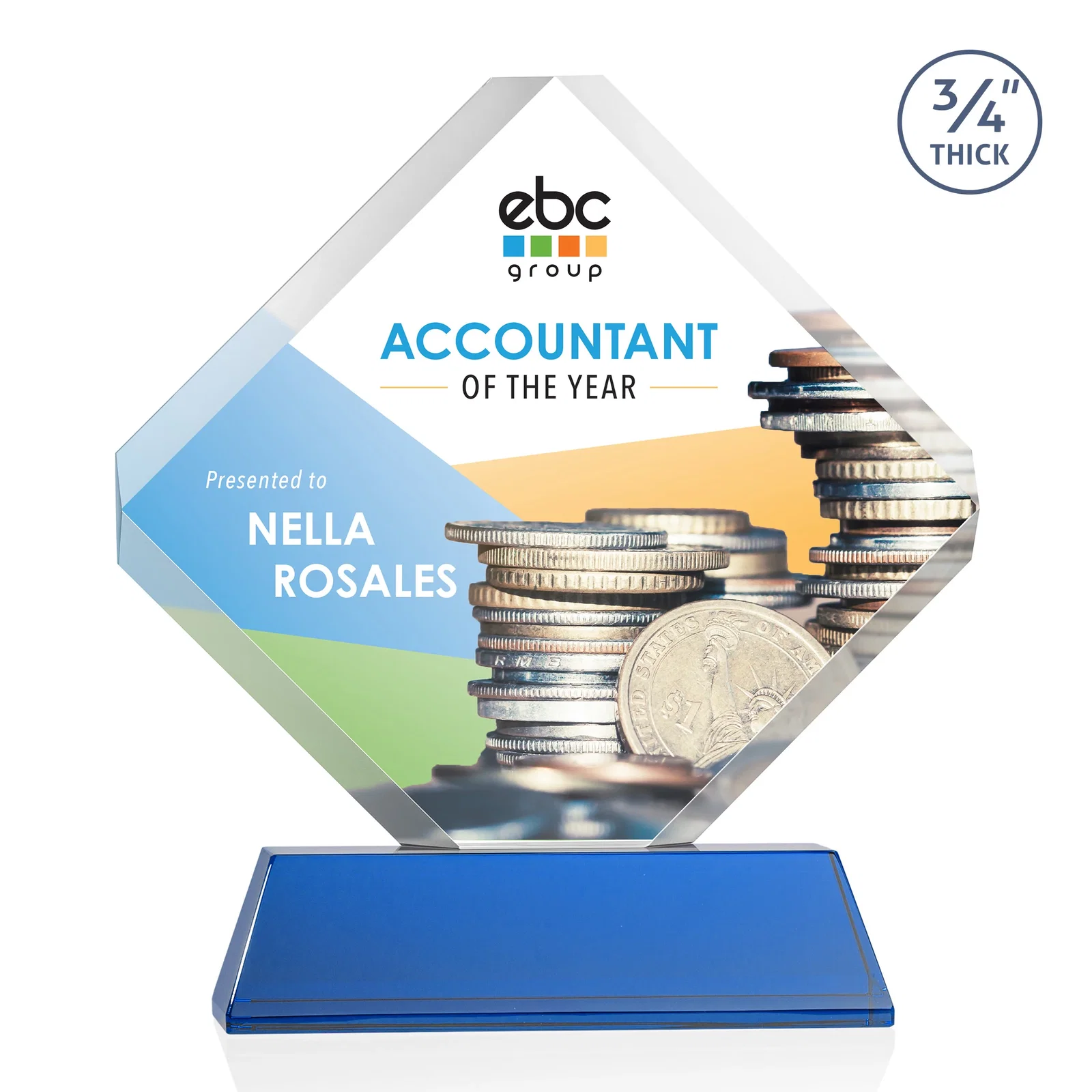 Custom printed Clipped-Edge Optical Crystal Diamond Award on Newhaven Base for sales achievement awards