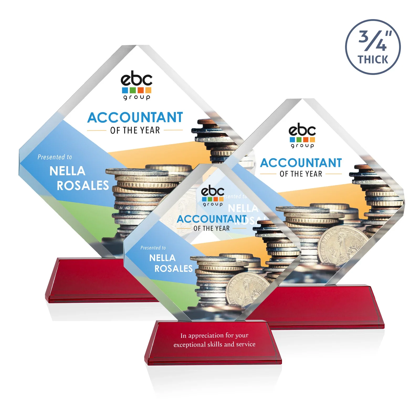 Custom printed Clipped-Edge Optical Crystal Diamond Award on Newhaven Base for team milestone celebrations