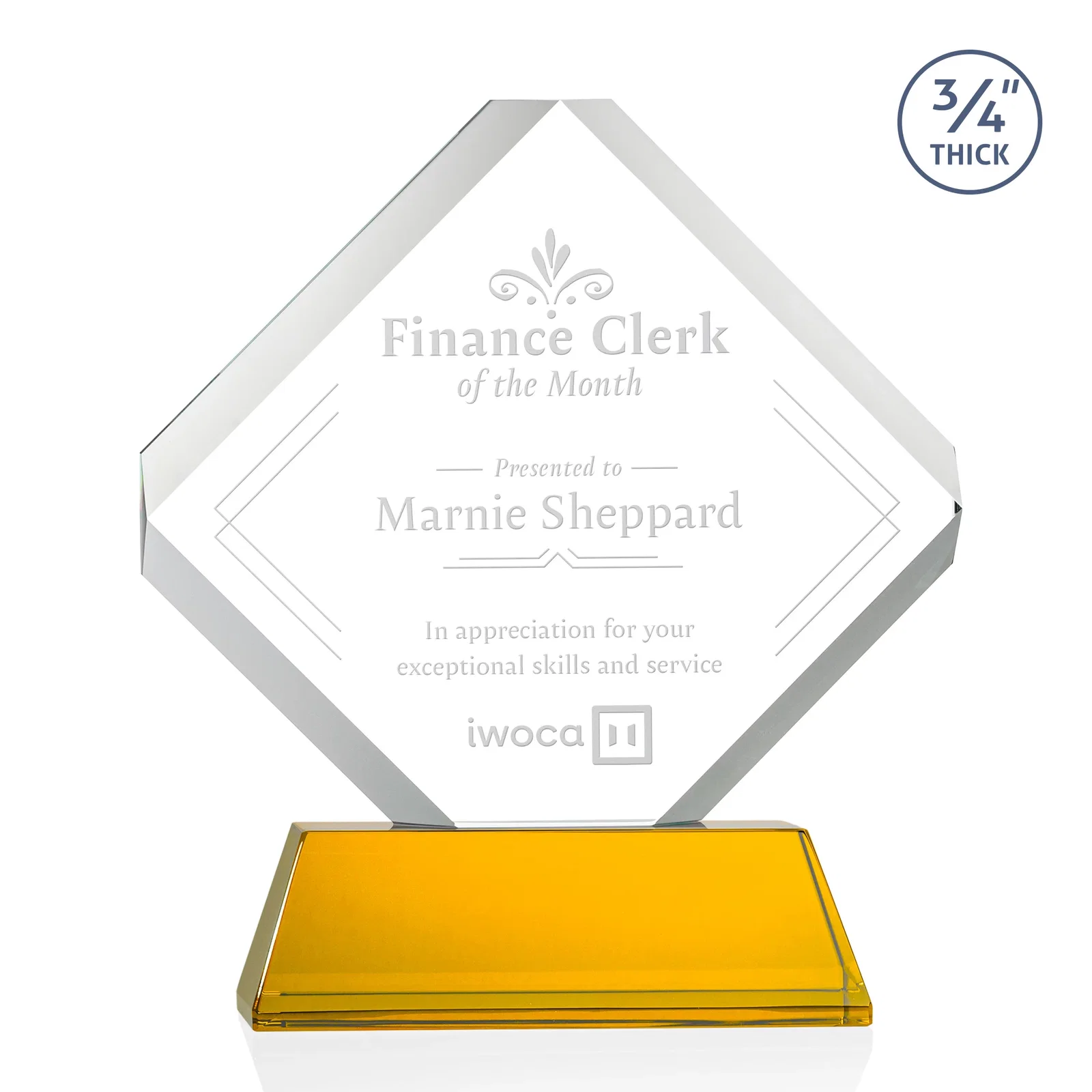 Custom Clipped-Edge Optical Crystal Diamond Award on Newhaven Base for donor appreciation