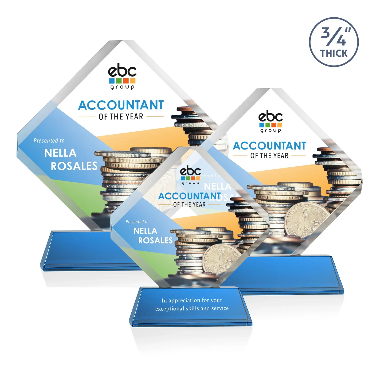 Custom printed Clipped-Edge Optical Crystal Diamond Award on Newhaven Base for volunteer appreciation
