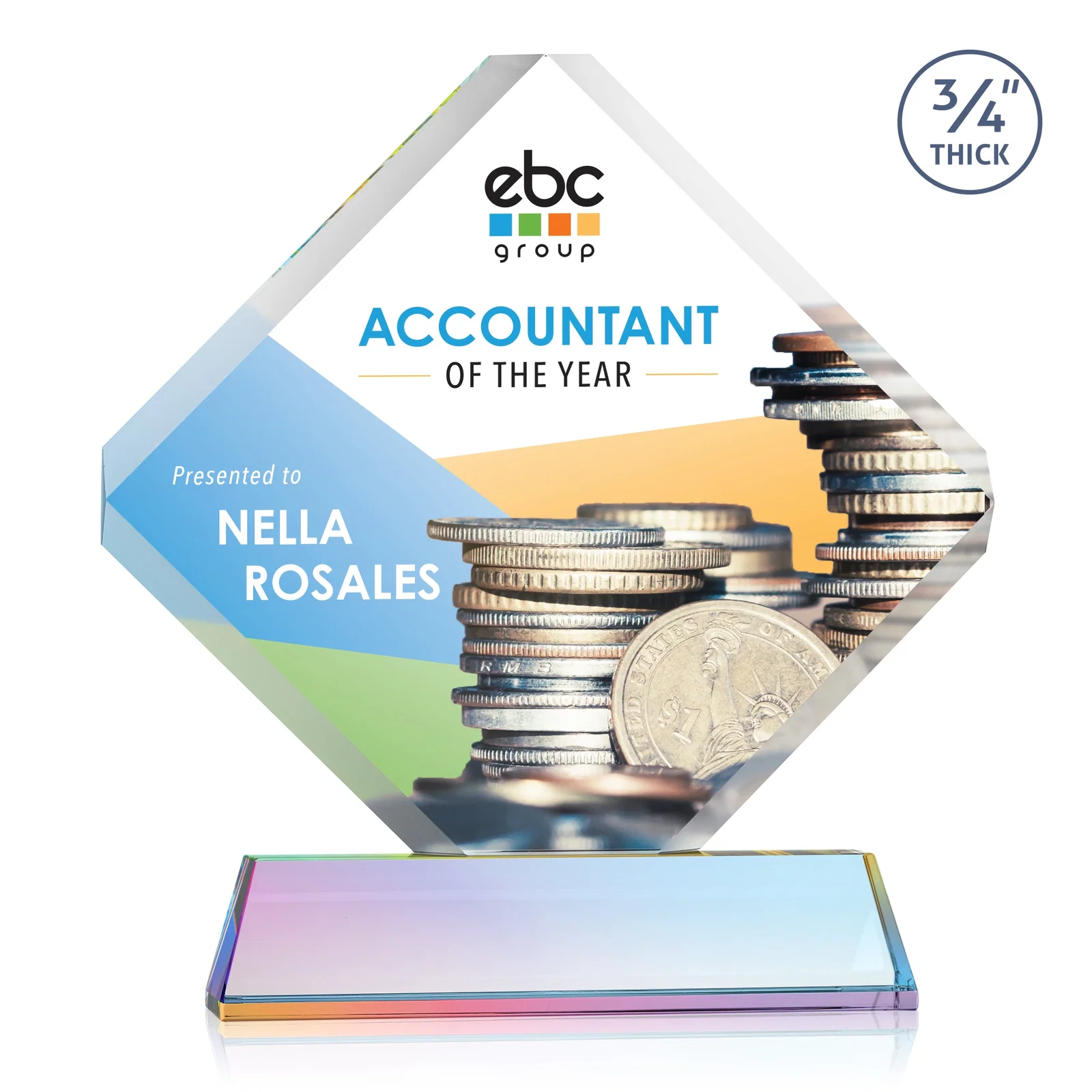 Custom engraved Clipped-Edge Optical Crystal Diamond Award on Newhaven Base for employee recognition