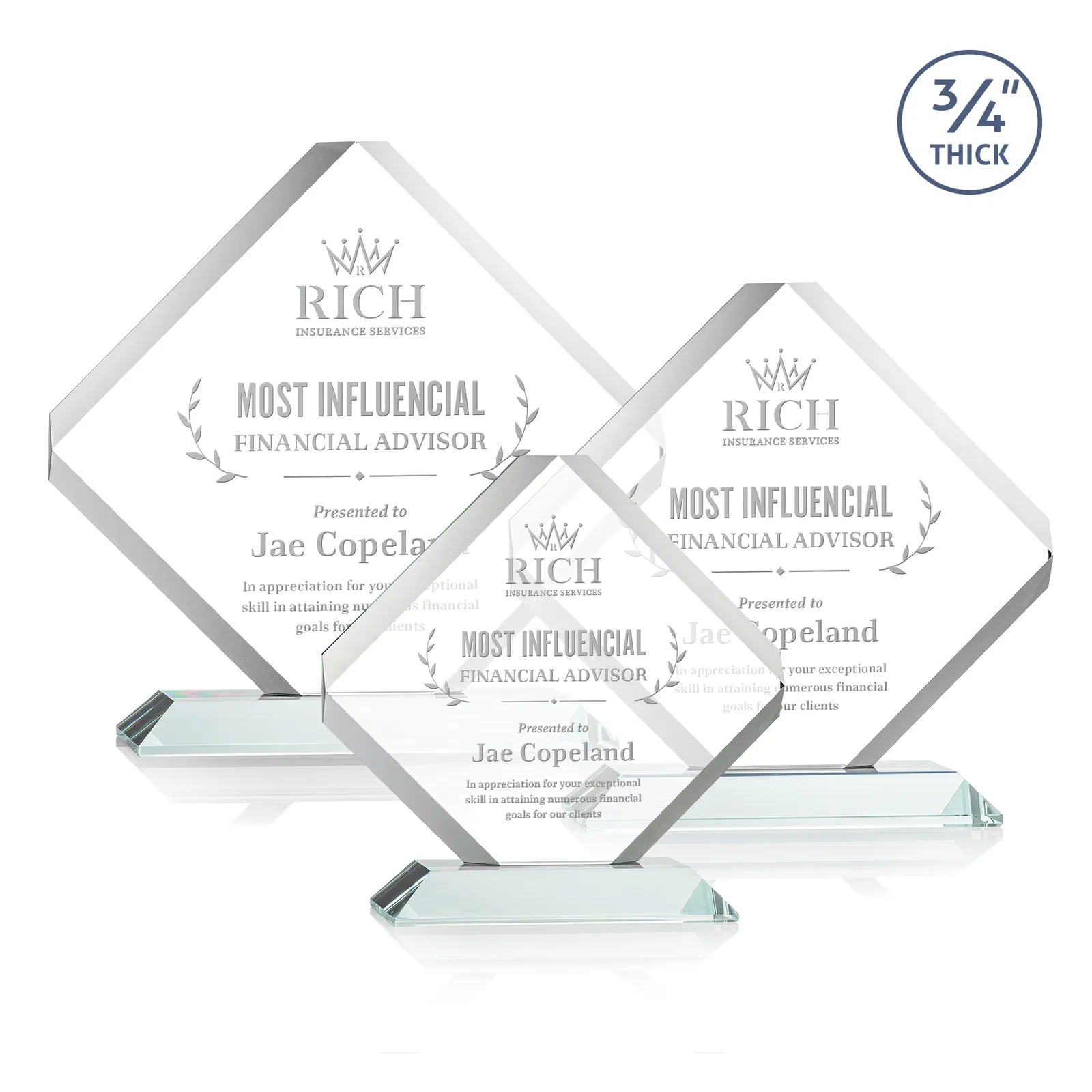 Custom Clipped-Edge Starfire Crystal Diamond Award on Standard Base for employee recognition