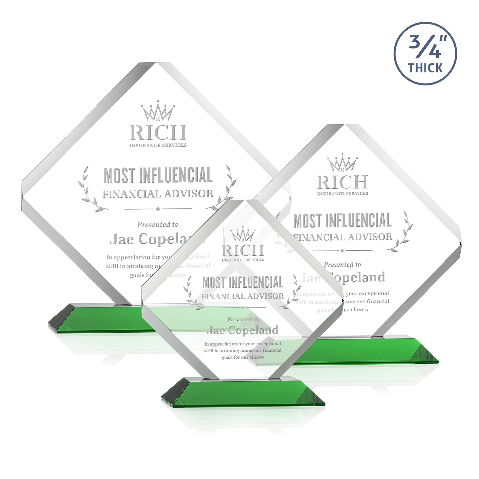 Custom Clipped-Edge Starfire Crystal Diamond Award on Standard Base for volunteer appreciation