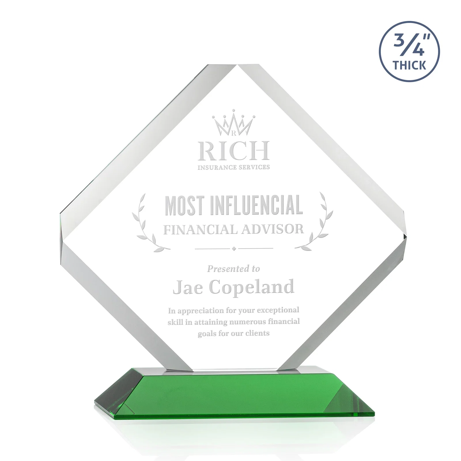 Custom Clipped-Edge Starfire Crystal Diamond Award on Standard Base for dealer and partner awards