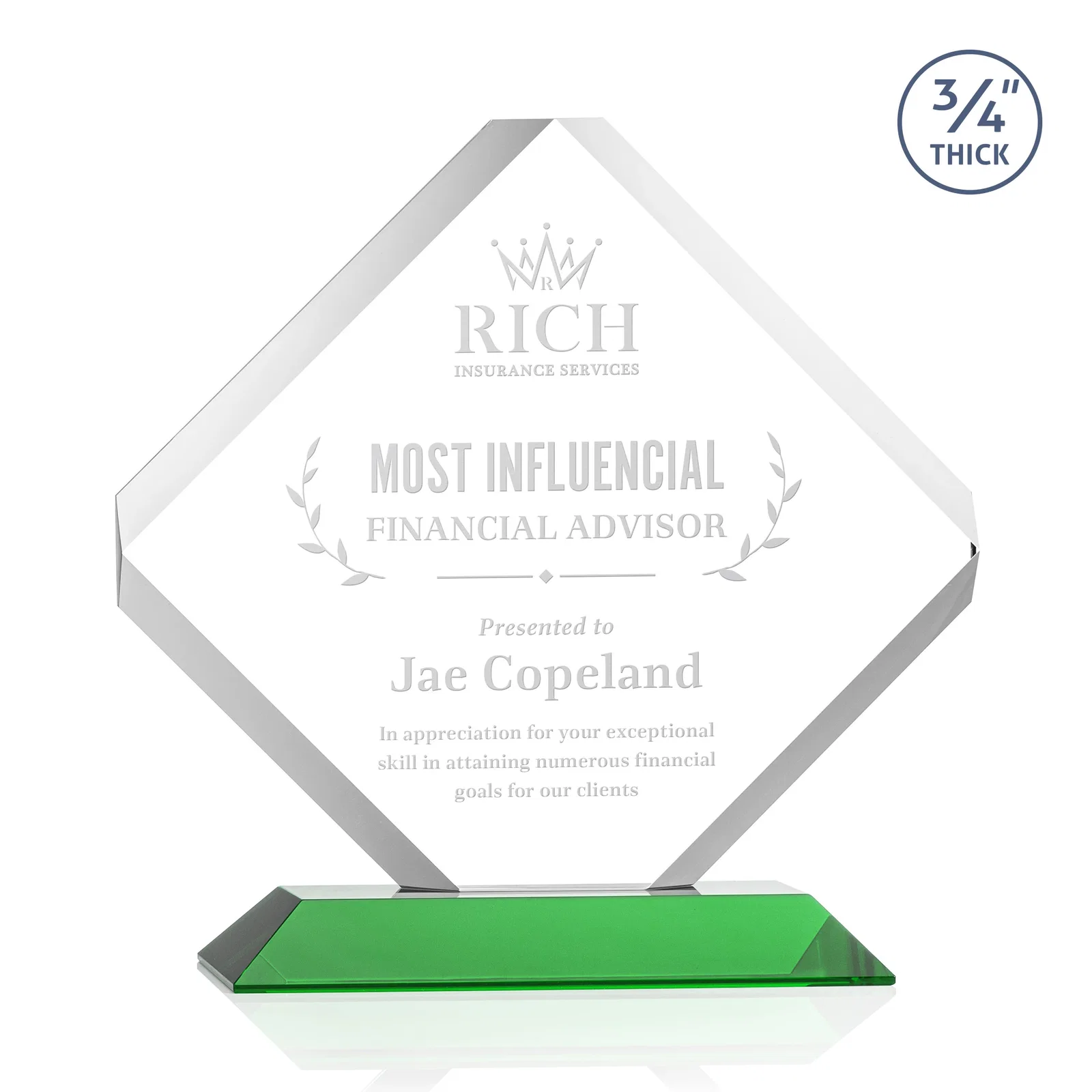 Custom Clipped-Edge Starfire Crystal Diamond Award on Standard Base for company anniversary events