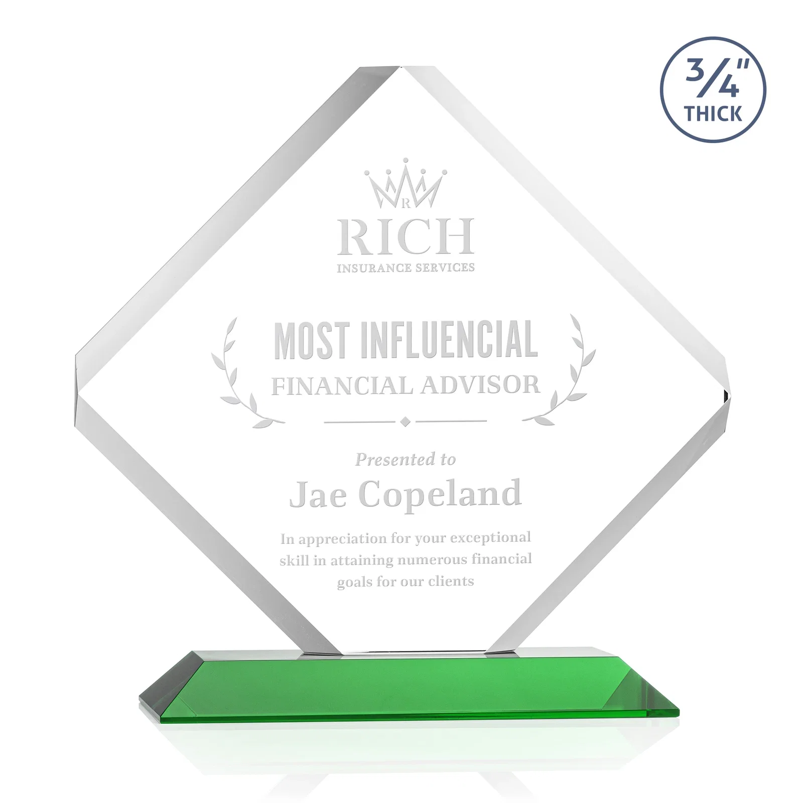 Personalized Clipped-Edge Starfire Crystal Diamond Award on Standard Base for employee recognition