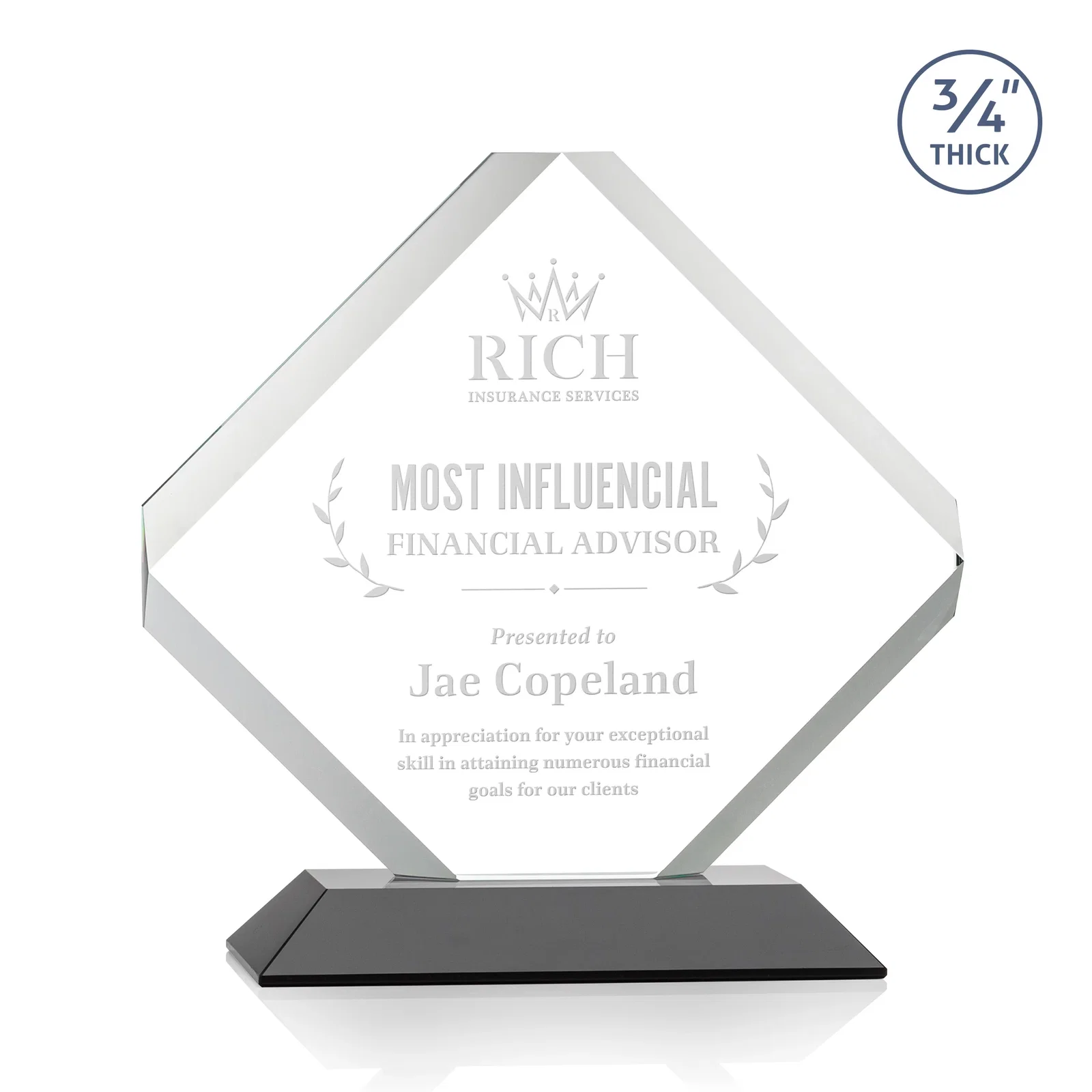 Personalized Clipped-Edge Starfire Crystal Diamond Award on Standard Base for service anniversary gifts