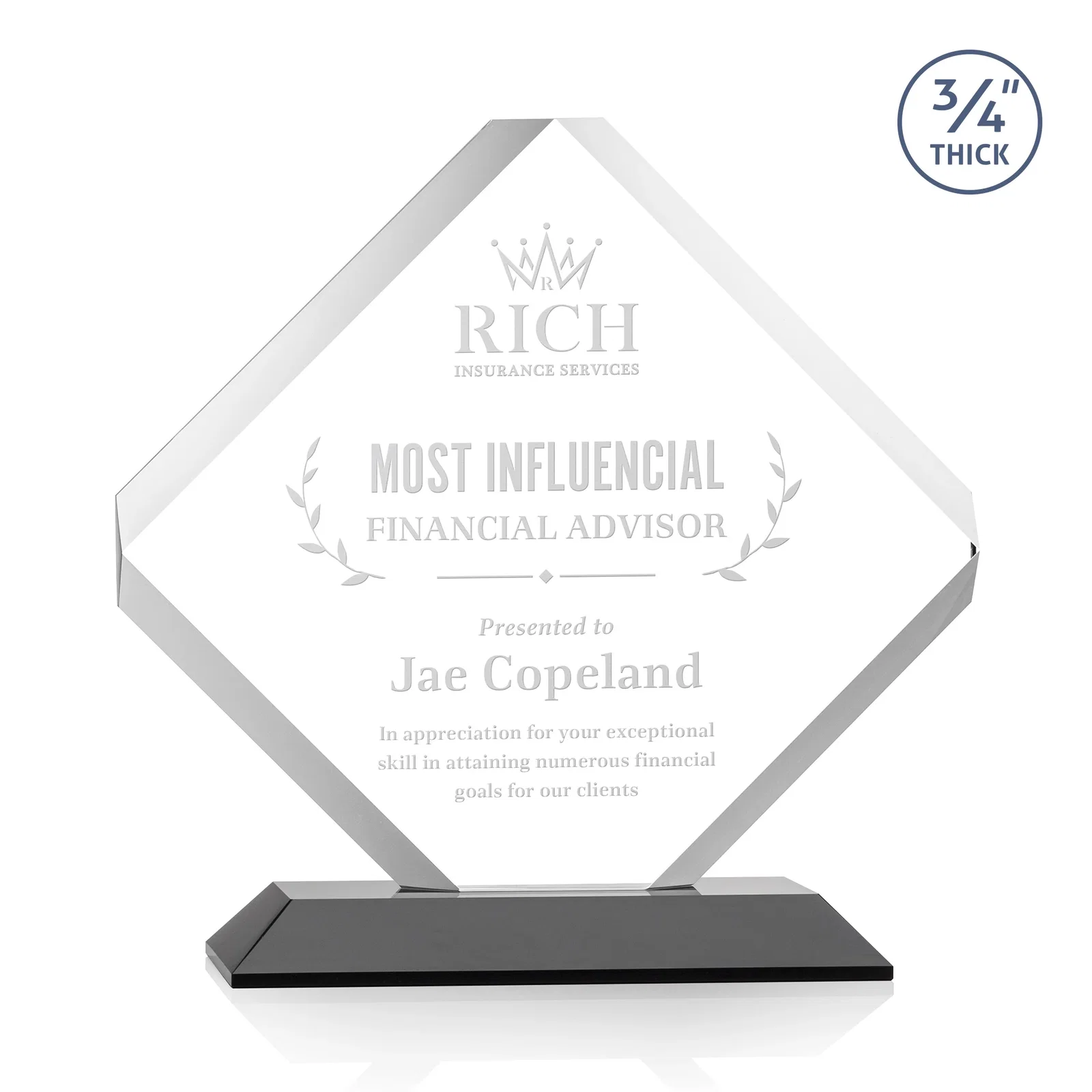 Personalized Clipped-Edge Starfire Crystal Diamond Award on Standard Base for sales achievement awards